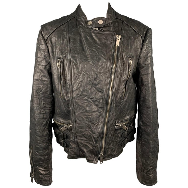 RALPH LAUREN Size XL Black Textured Leather Motorcycle Jacket For Sale at  1stDibs