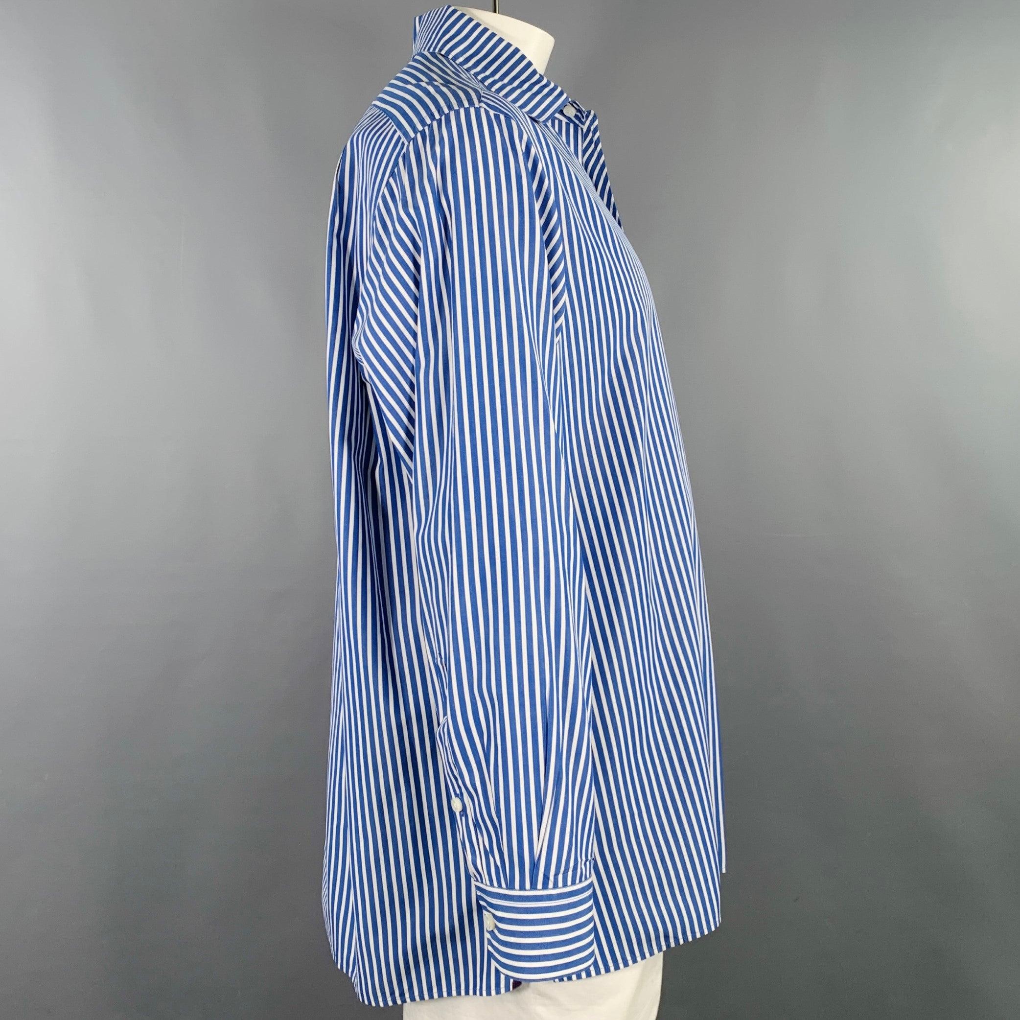 RALPH LAUREN PURPLE LABEL long sleeve shirt
in a blue and white cotton woven fabric featuring a stripe pattern, one pocket, and button closure. Made in Italy.Very Good Pre-Owned Condition. Minor mark. 

Marked:   XL 

Measurements: 
 
Shoulder: 18.5