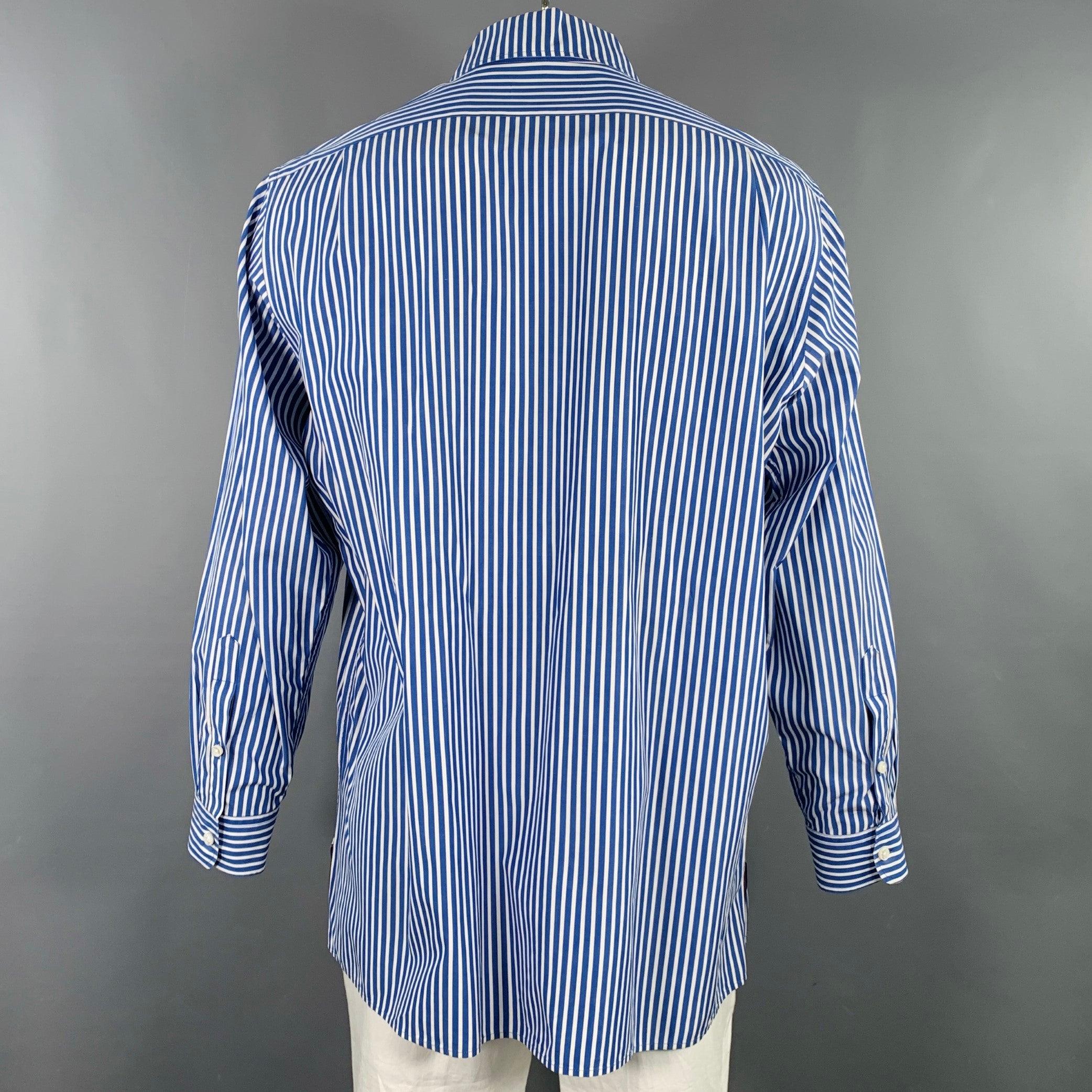 RALPH LAUREN Size XL Blue White Stripe Cotton One Pocket Long Sleeve Shirt In Good Condition For Sale In San Francisco, CA