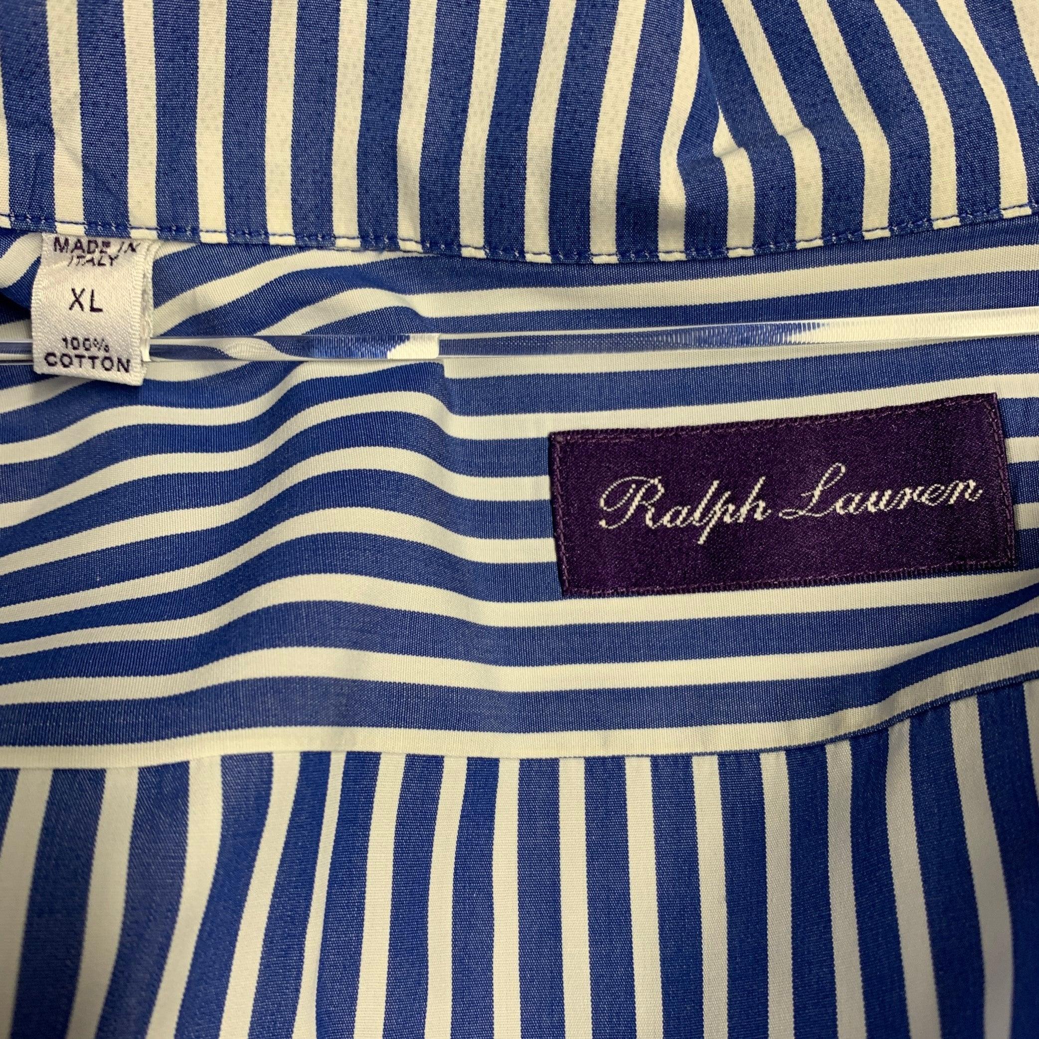 RALPH LAUREN Size XL Blue White Stripe Cotton One Pocket Long Sleeve Shirt For Sale 1