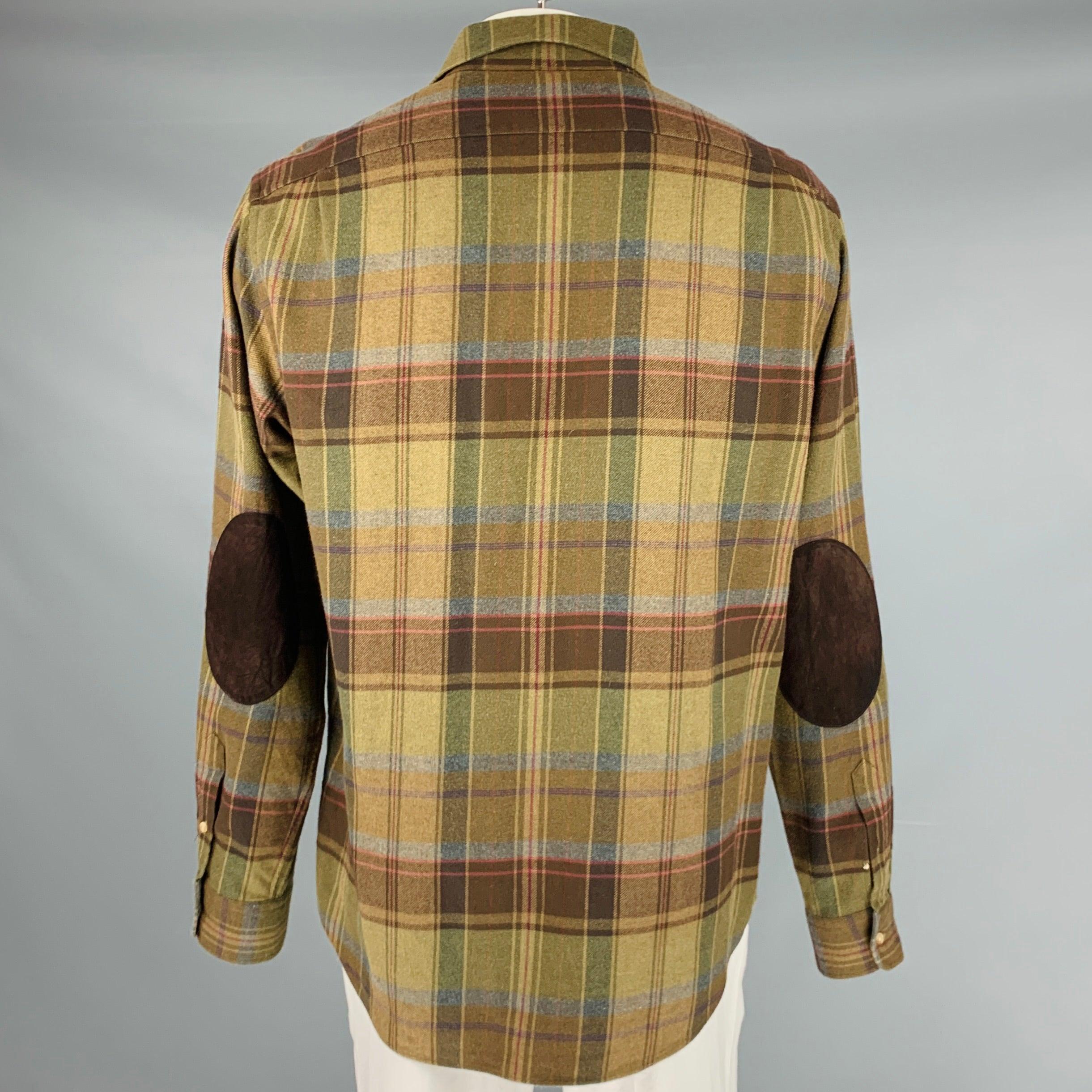 RALPH LAUREN Size XL Brown Green Plaid Cotton Elbow Patches Long Sleeve Shirt In Good Condition For Sale In San Francisco, CA