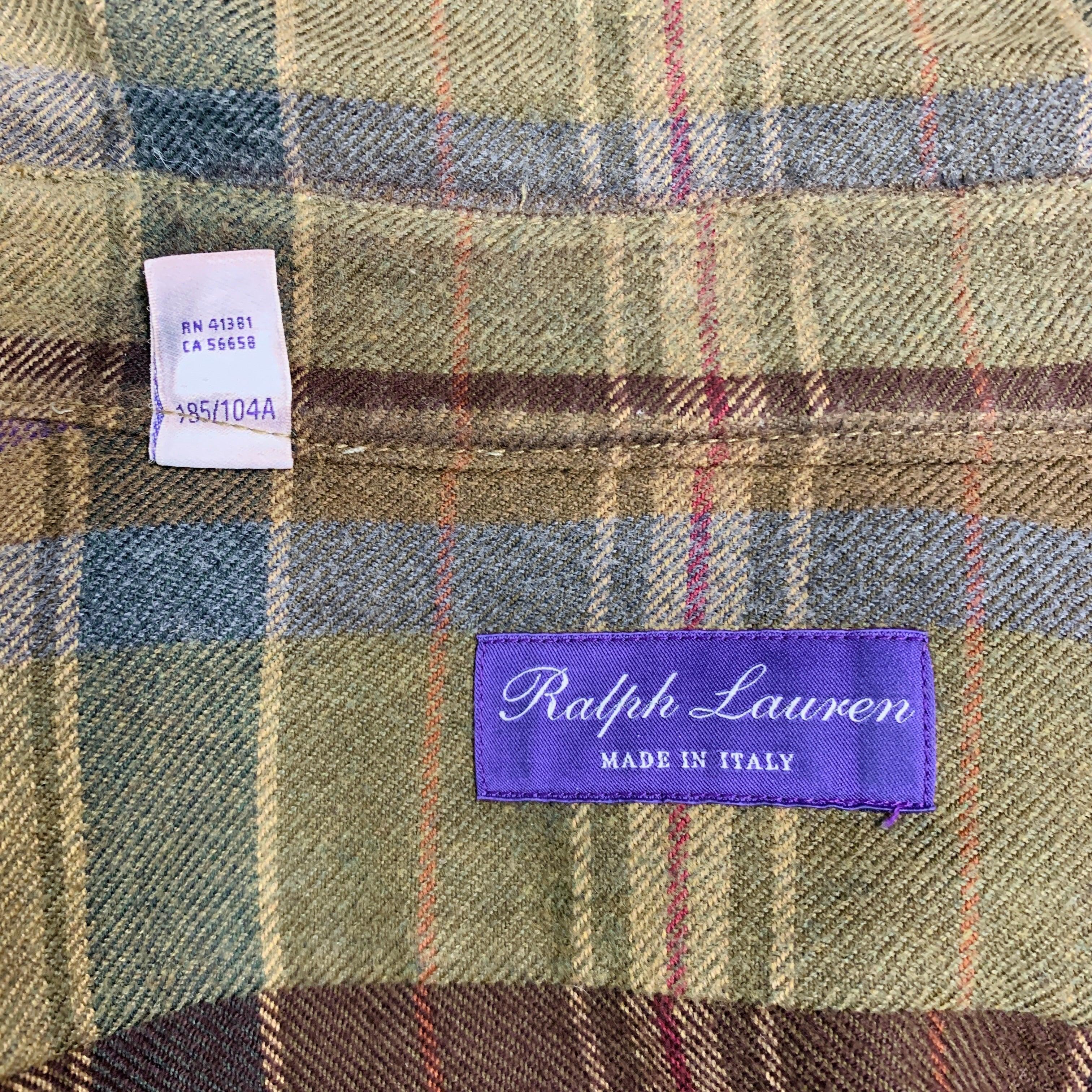 RALPH LAUREN Size XL Brown Green Plaid Cotton Elbow Patches Long Sleeve Shirt For Sale 1