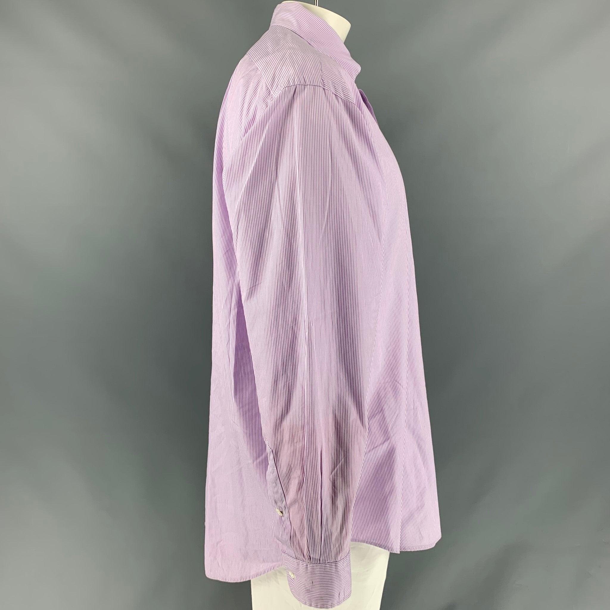 RALPH LAUREN 'Blake' long sleeve shirt comes in lavender stripped cotton featuring a button- down collar, patch pocket, buttoned closure and one button round cuff. Excellent Pre-Owned Condition. 

Marked:   XL 

Measurements: 
 
Shoulder: 23 inches