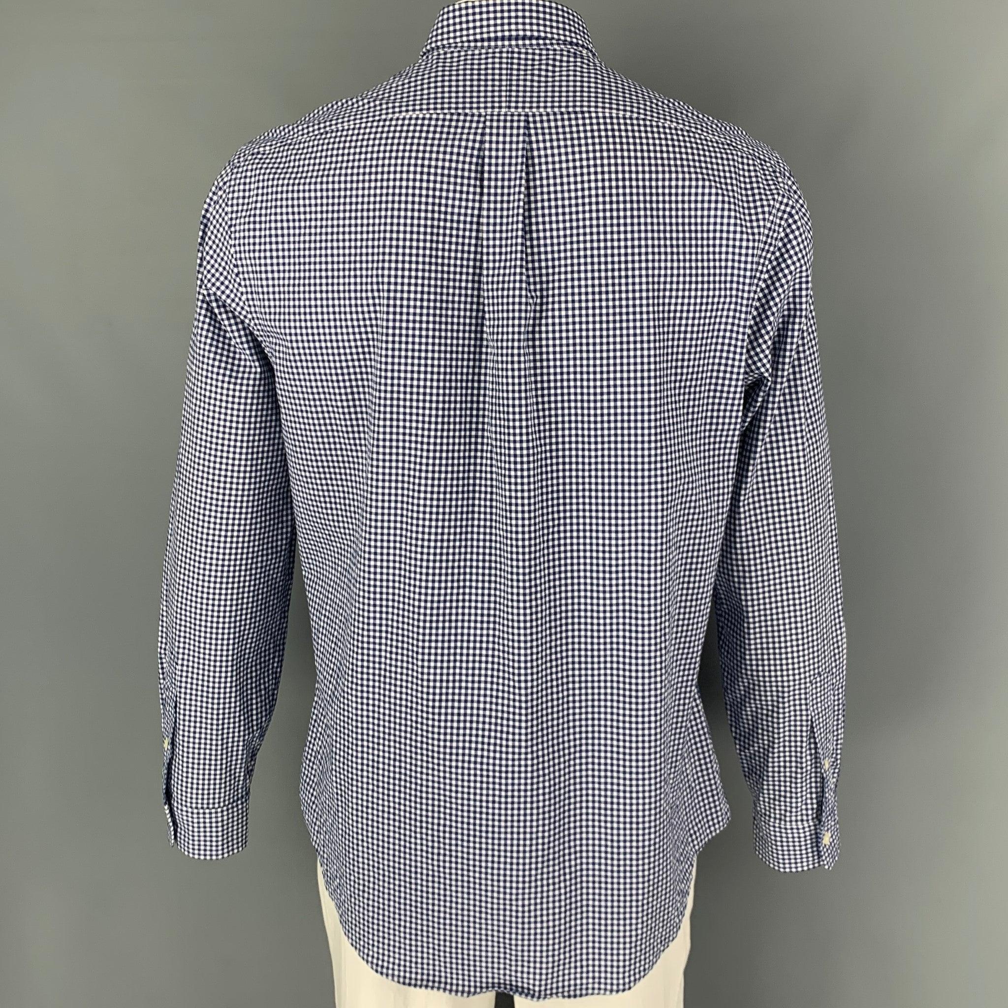 RALPH LAUREN Size XL Navy White Gingham Cotton Long Sleeve Shirt In Good Condition For Sale In San Francisco, CA