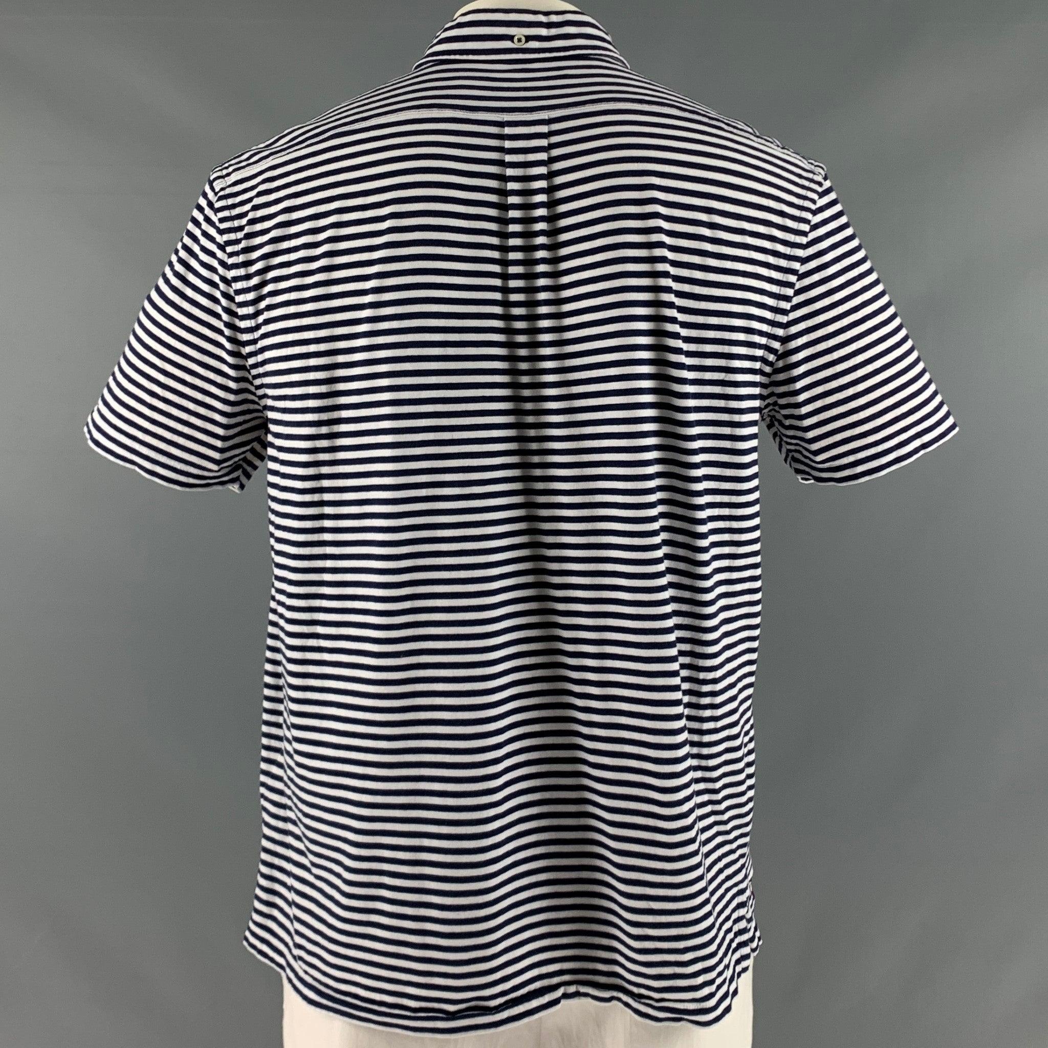 RALPH LAUREN Size XL Navy White Stripe Cotton Short Sleeve Polo In Good Condition For Sale In San Francisco, CA