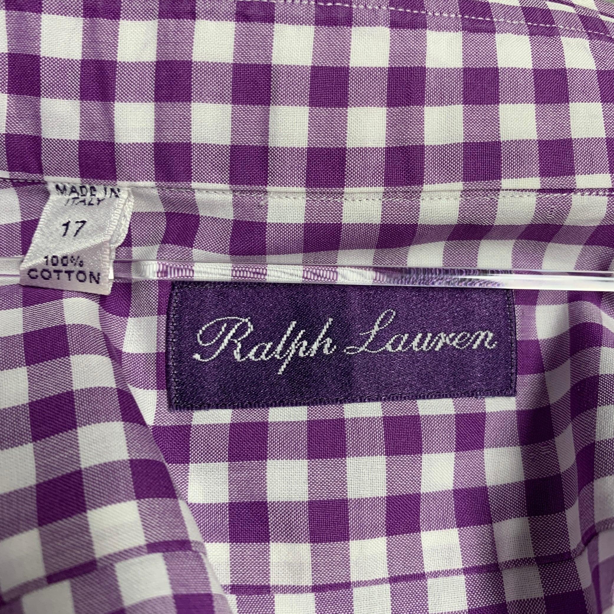 Men's RALPH LAUREN Size XL Purple White Checkered Cotton Long Sleeve Shirt For Sale
