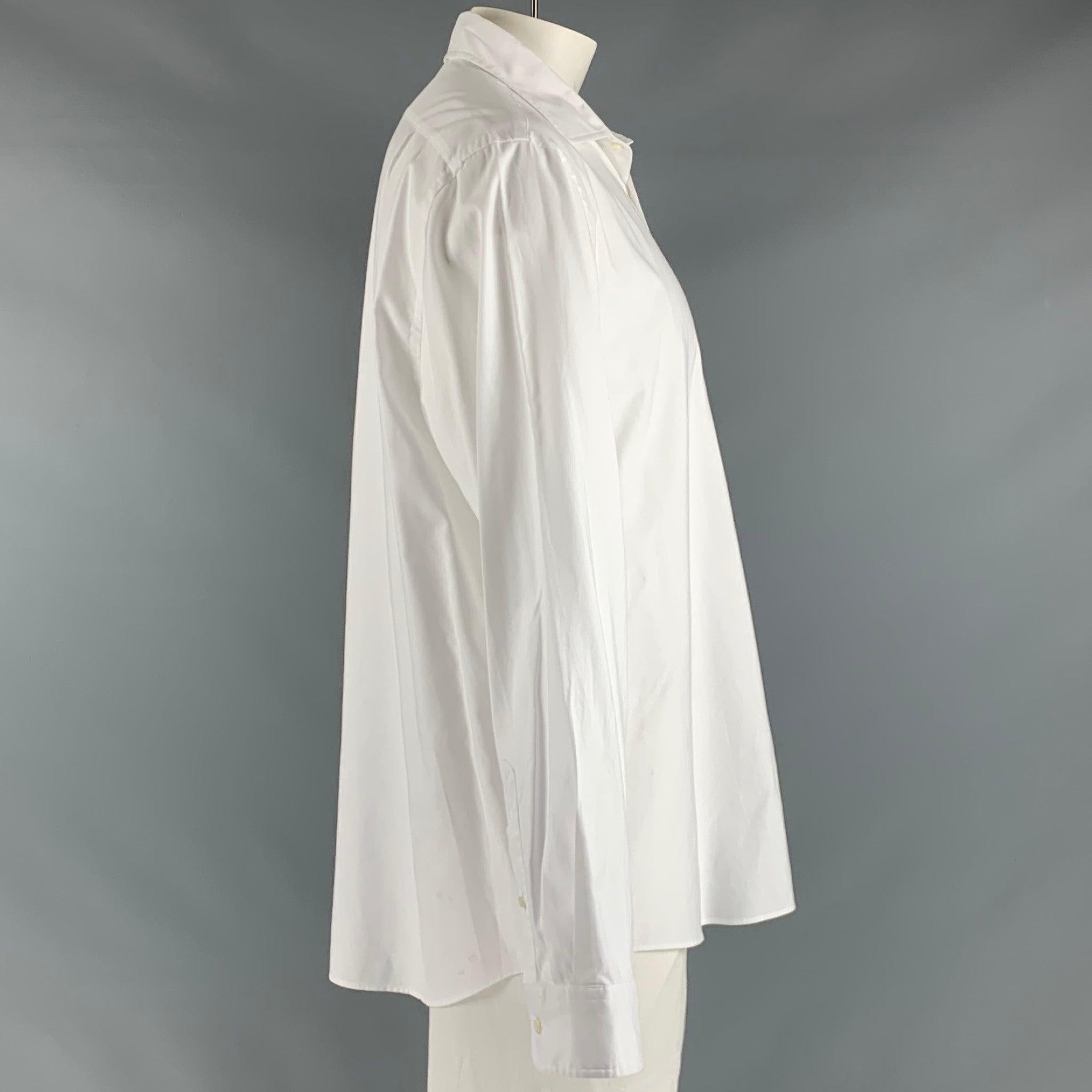 RALPH LAUREN PURPLE LABEL long sleeve shirt
in a white cotton fabric featuring a spread collar and button closure.Good Pre-Owned Condition. Minor marks throughout. 

Marked:   18 

Measurements: 
 
Shoulder: 19 inches  Chest: 51 inches  Sleeve: 28