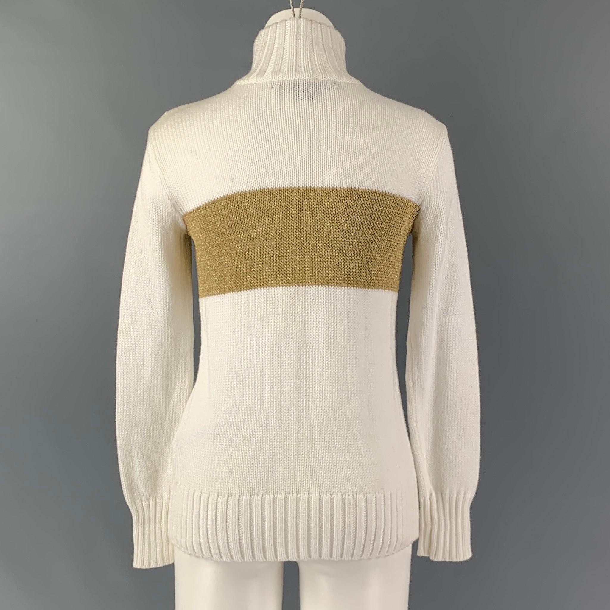 RALPH LAUREN Size XS Cream Gold Cotton Blend Color Block Sweater In Excellent Condition For Sale In San Francisco, CA