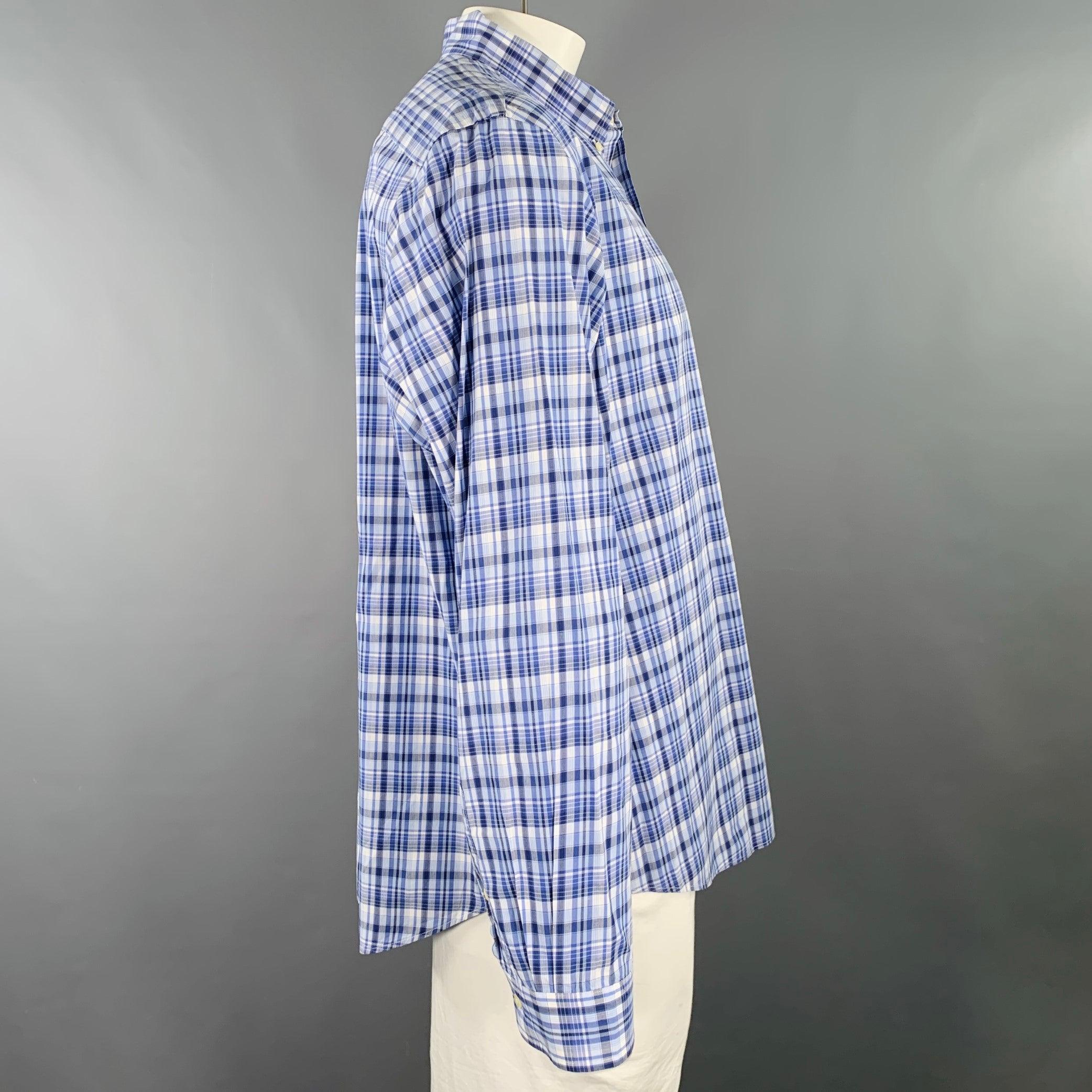 RALPH LAUREN long sleeve shirt in a blue and grey cotton woven fabric featuring a plaid pattern, button down collar, and button closure.Excellent Pre-Owned Condition. 

Marked:   XXL 

Measurements: 
 
Shoulder: 19.5 inches Chest: 55 inches Sleeve: