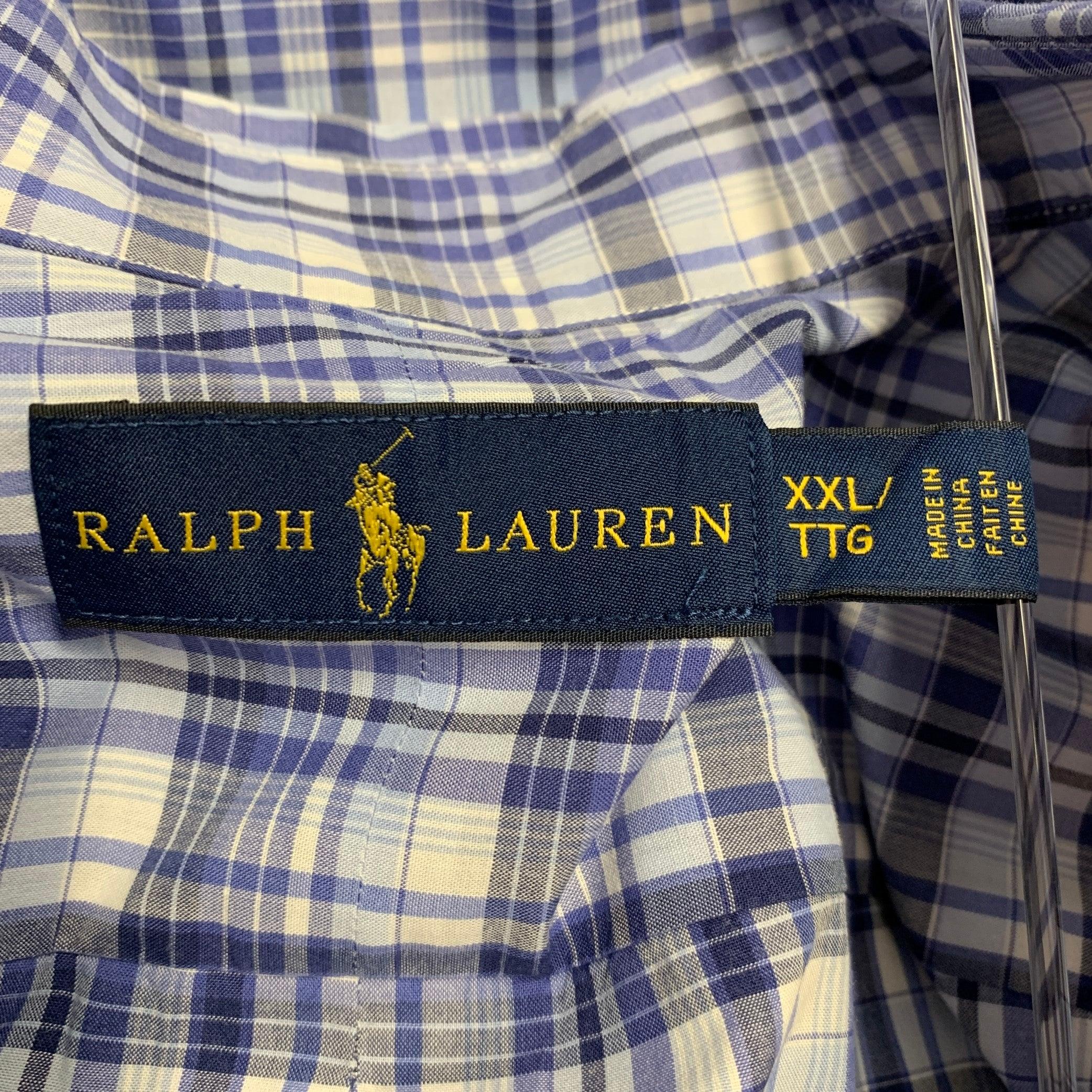 Men's RALPH LAUREN Size XXL Blue Grey Plaid Cotton Button Down Long Sleeve Shirt For Sale