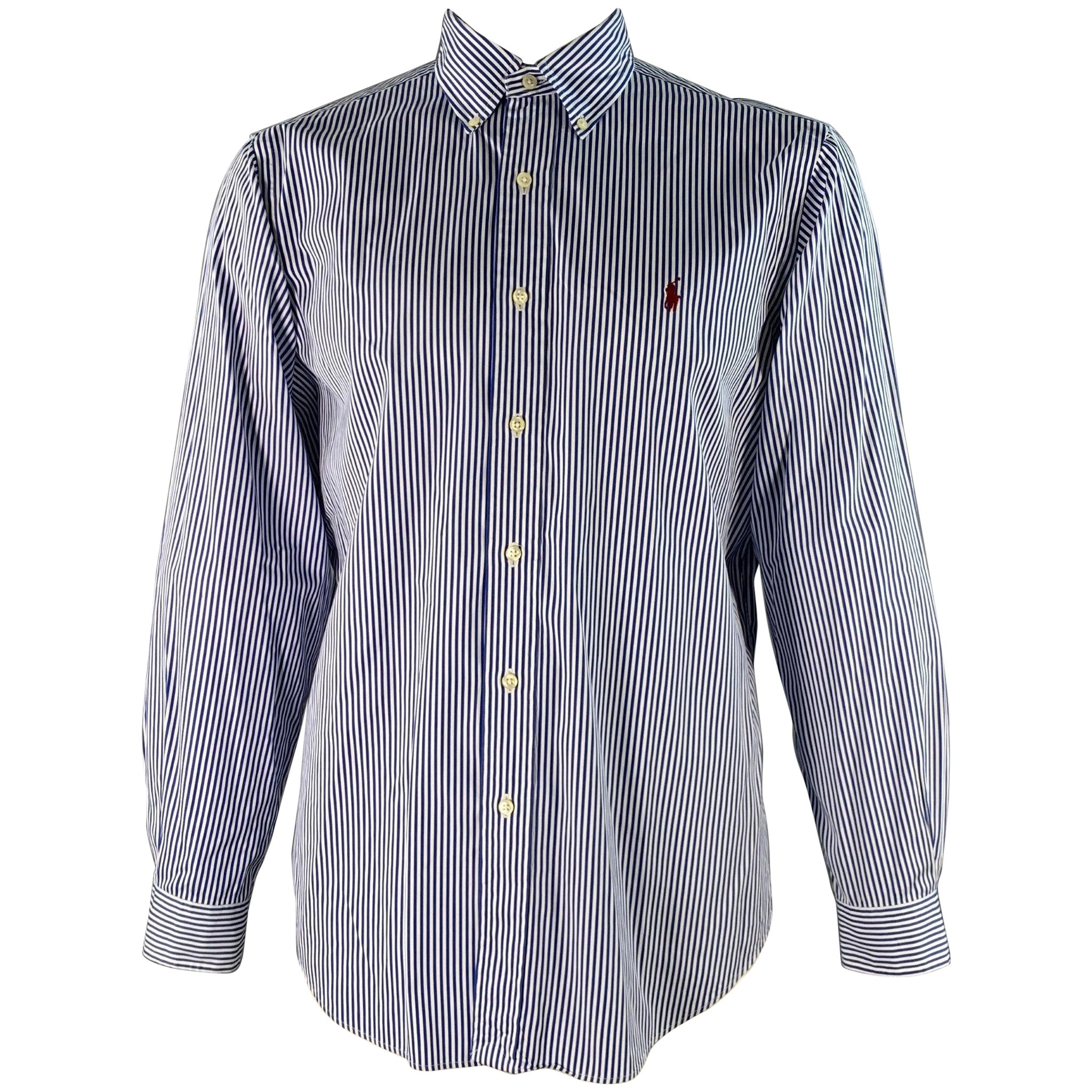 RALPH LAUREN - Camicia a maniche lunghe in cotone a righe bianche e marine taglia XXL in vendita