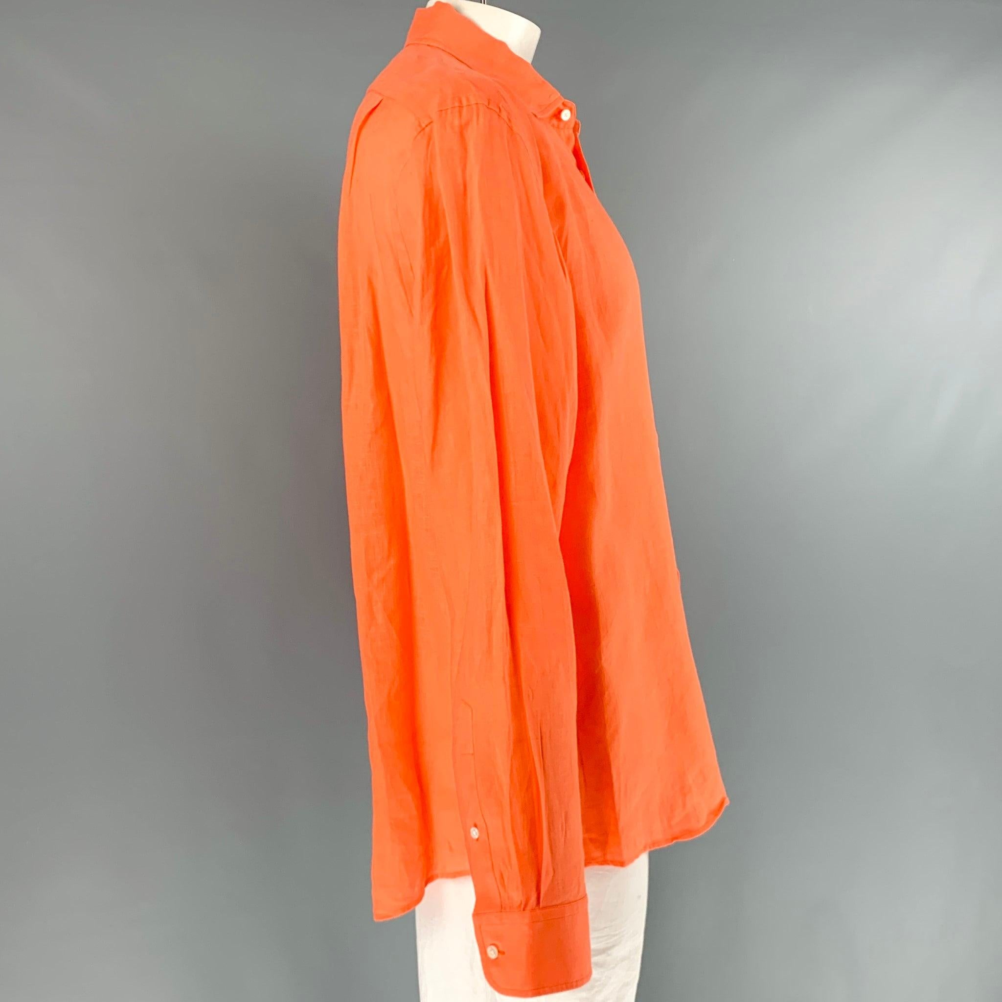 RALPH LAUREN long sleeve shirt in an orange linen fabric featuring spread collar and button closure. Made in Italy.Excellent Pre-Owned Condition. 

Marked:   XXL 

Measurements: 
 
Shoulder: 19 inches Chest: 50 inches Sleeve: 27 inches Length: 31.5