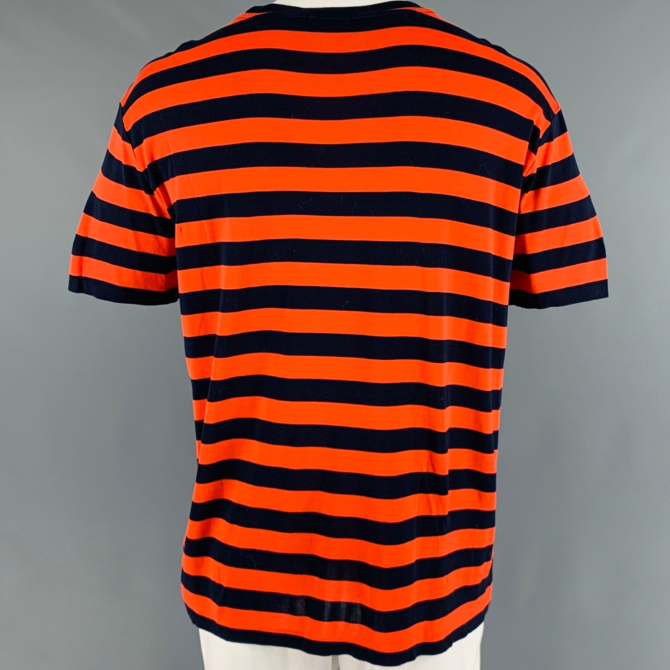 RALPH LAUREN Size XXL Orange Navy Stripe Cotton Crew-Neck T-shirt In Excellent Condition For Sale In San Francisco, CA