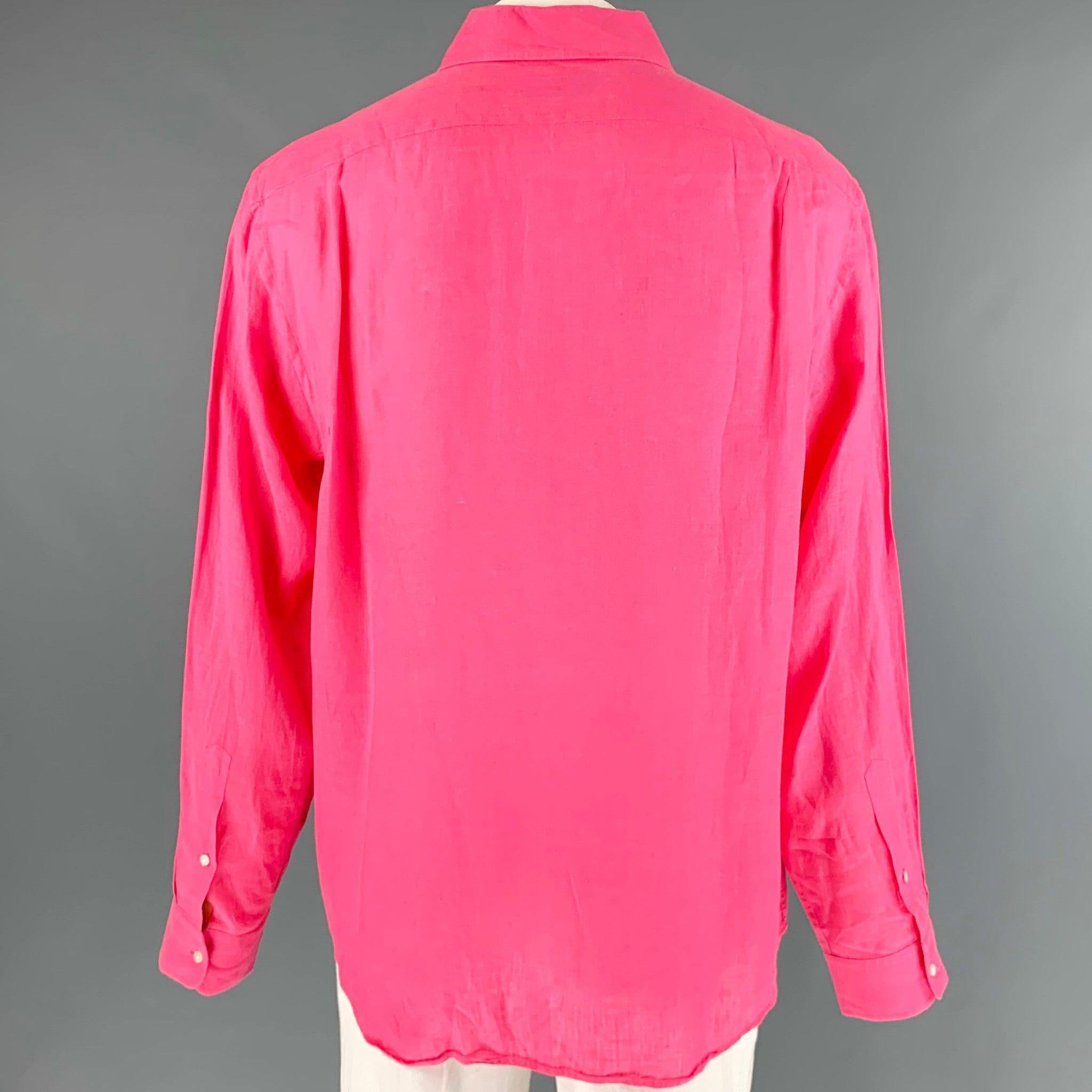 RALPH LAUREN Size XXL Pink Linen Spread Collar Long Sleeve Shirt In Good Condition For Sale In San Francisco, CA