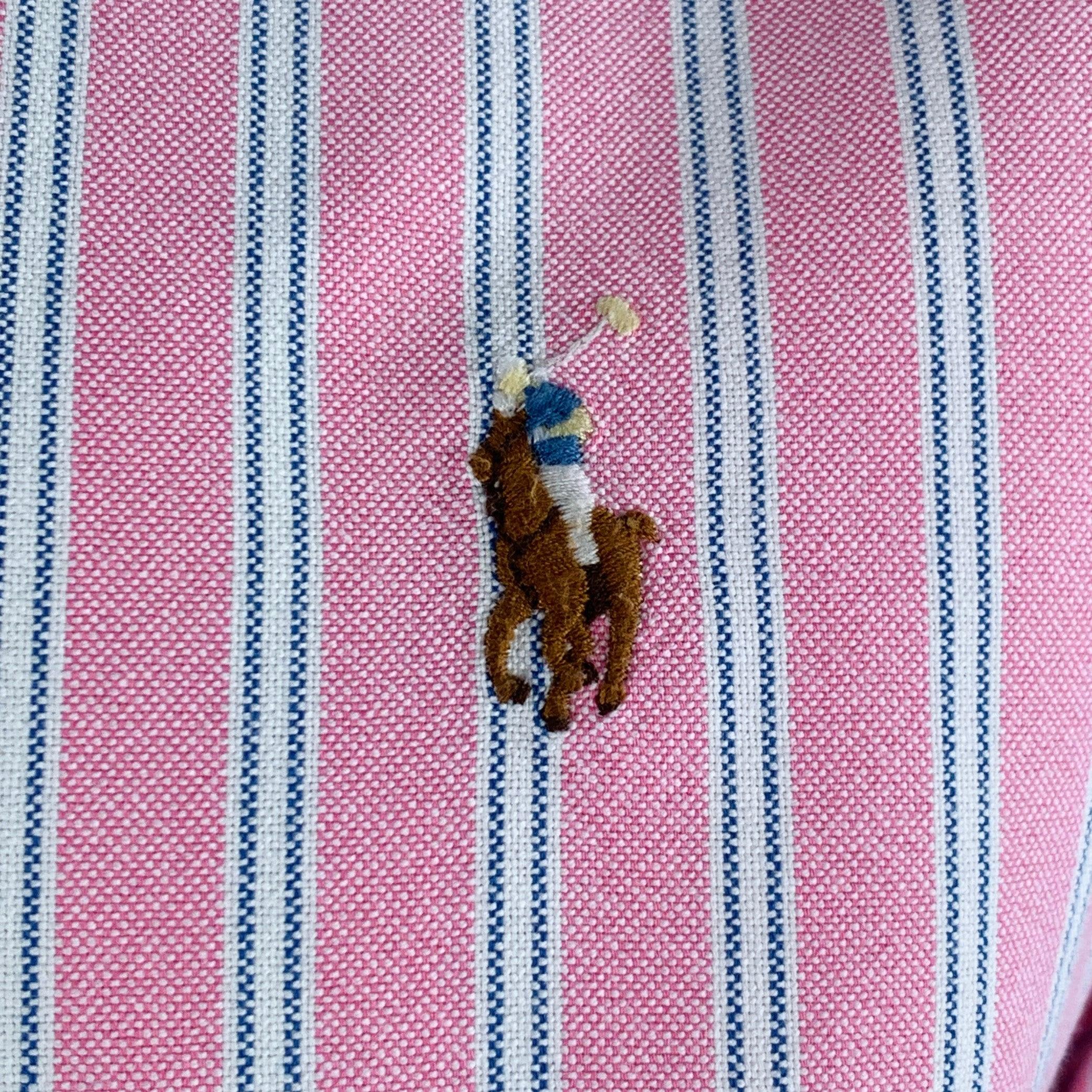 RALPH LAUREN long sleeve shirt in a pink and white cotton woven fabric featuring a button down collar, stripe pattern, and button closure.Very Good Pre-Owned Condition. Multiple minor marks. 

Marked:   XXL 

Measurements: 
 
Shoulder: 19.5 inches