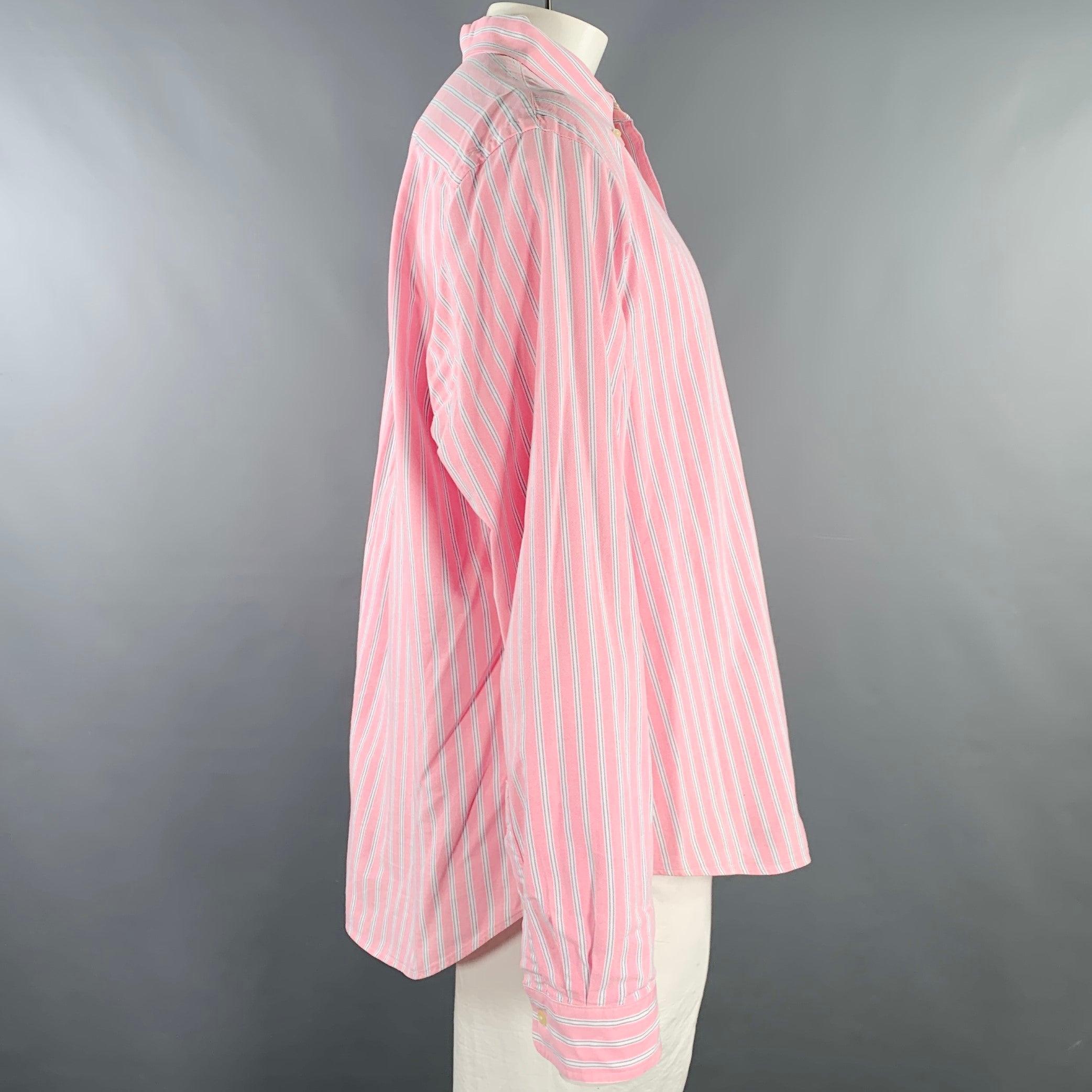 RALPH LAUREN Size XXL Pink White Stripe Cotton Button Down Long Sleeve Shirt In Good Condition For Sale In San Francisco, CA