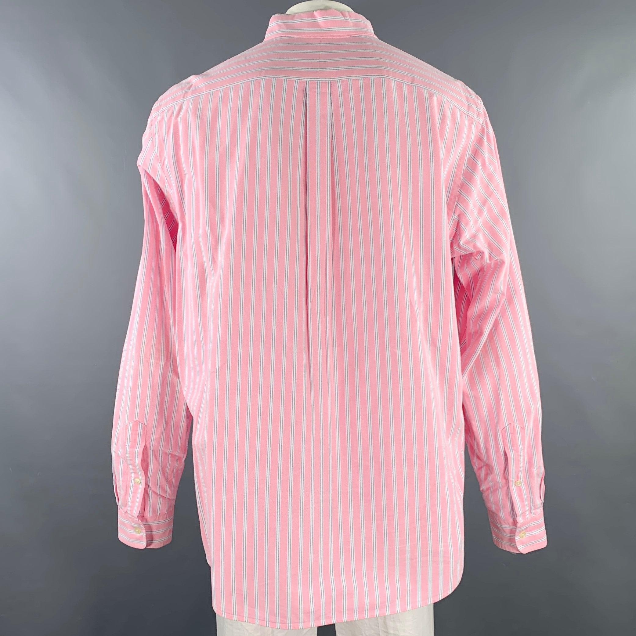 Men's RALPH LAUREN Size XXL Pink White Stripe Cotton Button Down Long Sleeve Shirt For Sale