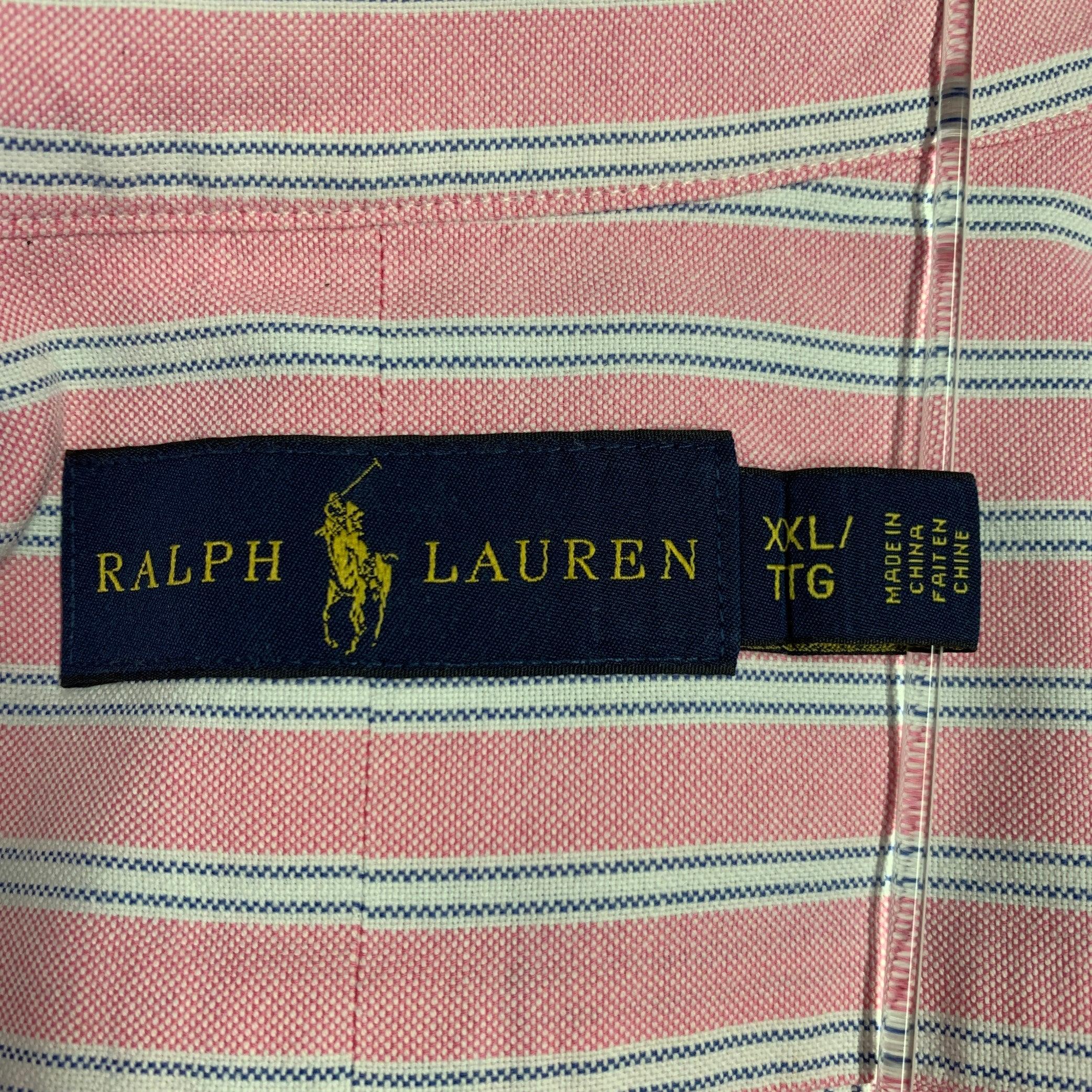 RALPH LAUREN Size XXL Pink White Stripe Cotton Button Down Long Sleeve Shirt For Sale 1