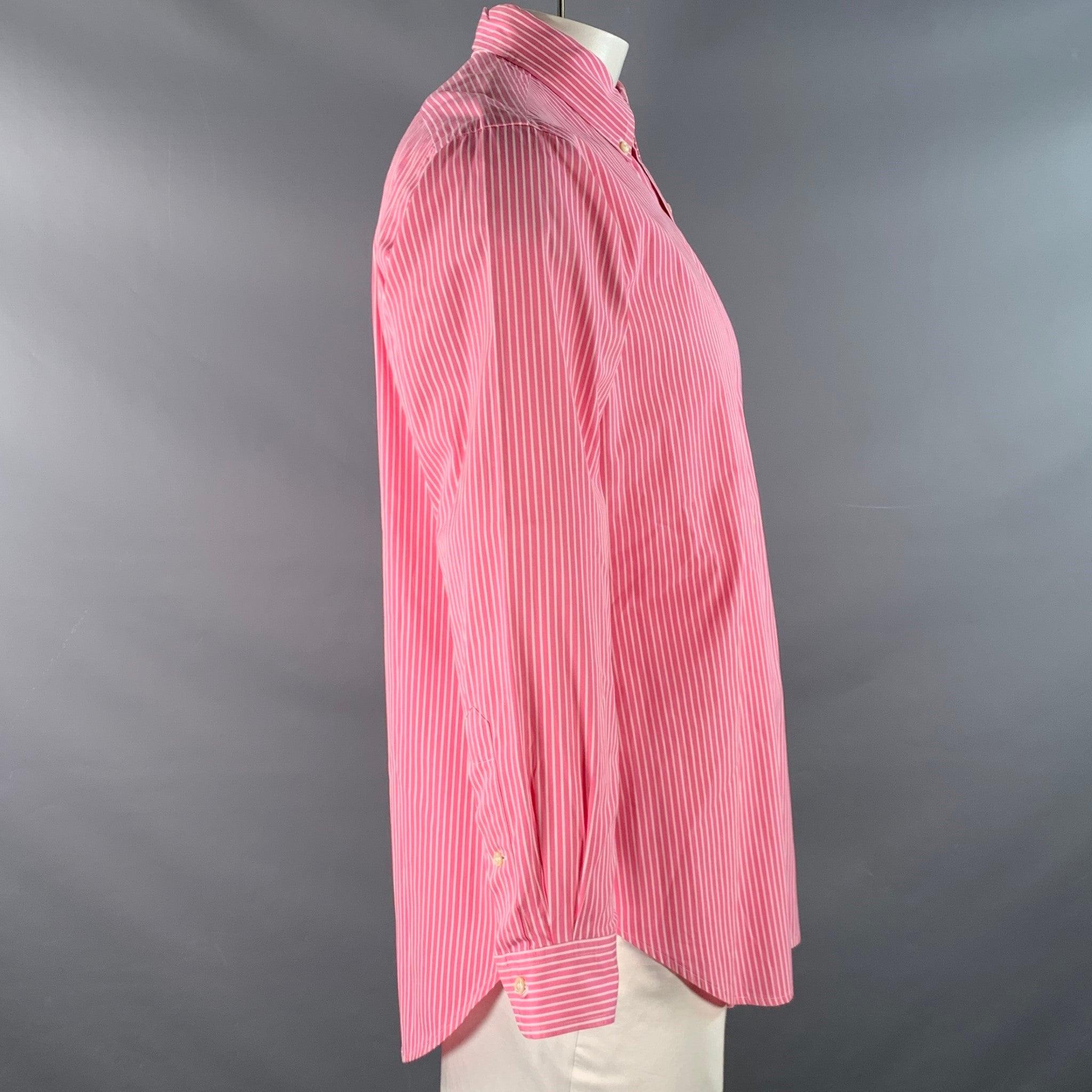 Camicia a maniche lunghe 'Classic Fit' di Ralph Lauren BLUE LABEL in cotone a righe bianche e rosa con colletto abbottonato, chiusura con bottoni e polsino rotondo con un bottone. 

Contrassegnato:   16 32/33 

Misure: 
 
Spalla: 19 pollici Petto: