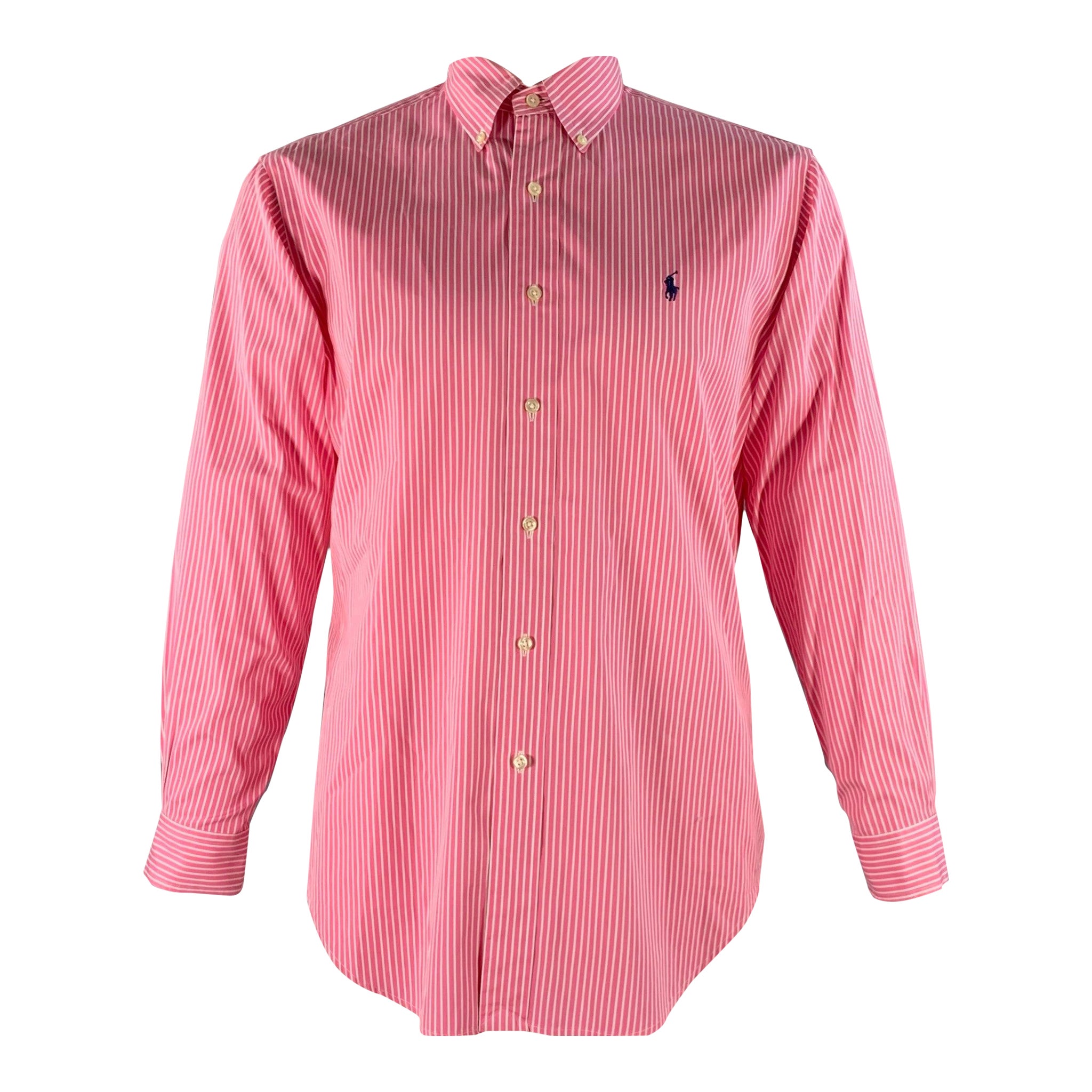 RALPH LAUREN Taglia XXL Camicia a maniche lunghe in cotone a righe bianche e rosa in vendita