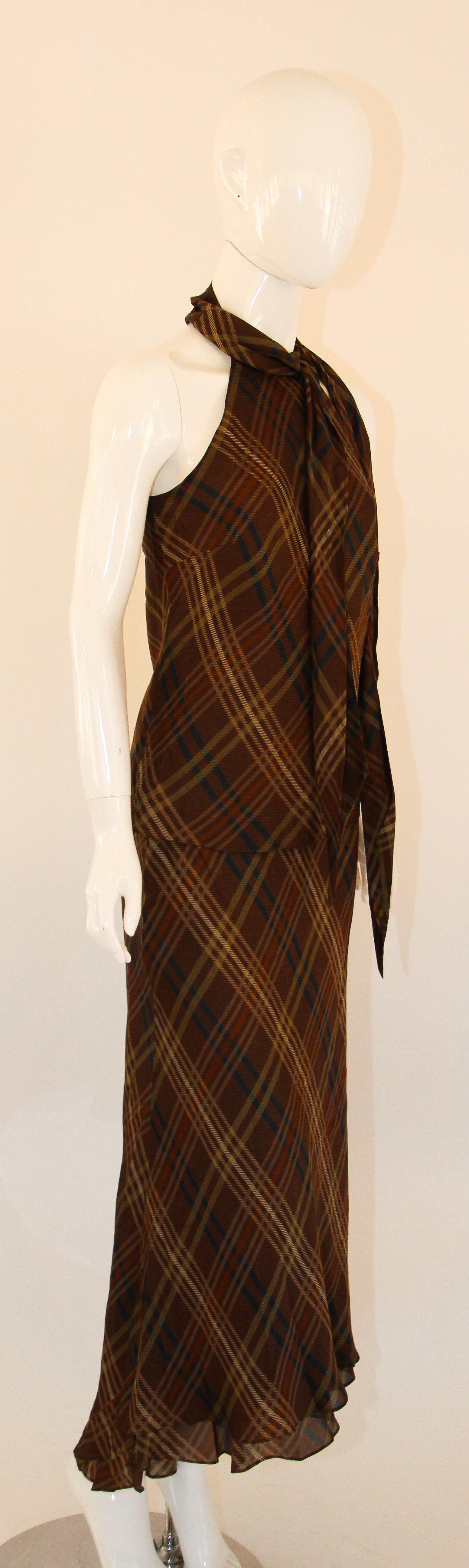 Ralph Lauren Silk Sleeveless Shirt and Maxi Skirt Set Brown Tartan 4