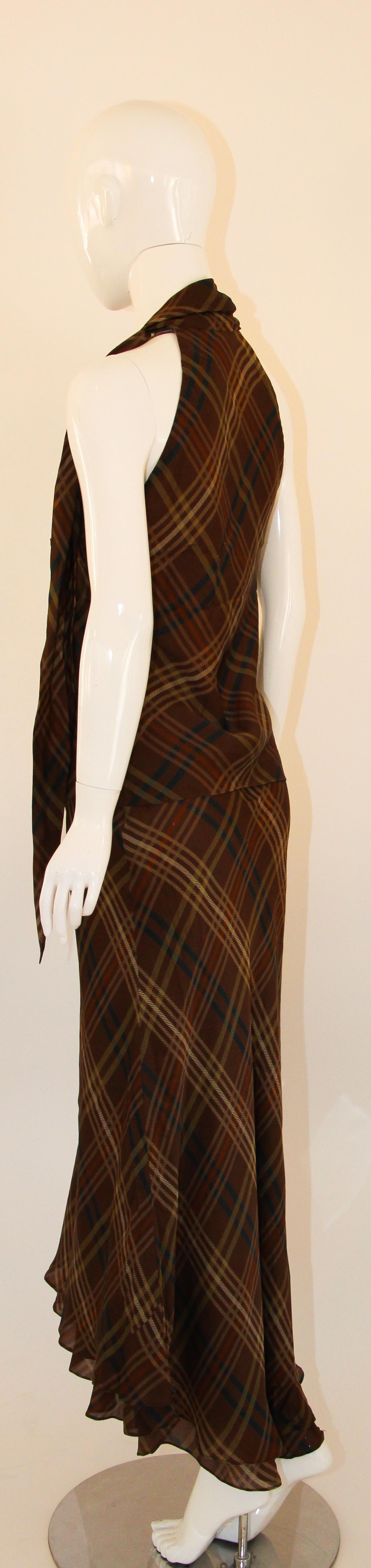 Ralph Lauren Silk Sleeveless Shirt and Maxi Skirt Set Brown Tartan 6