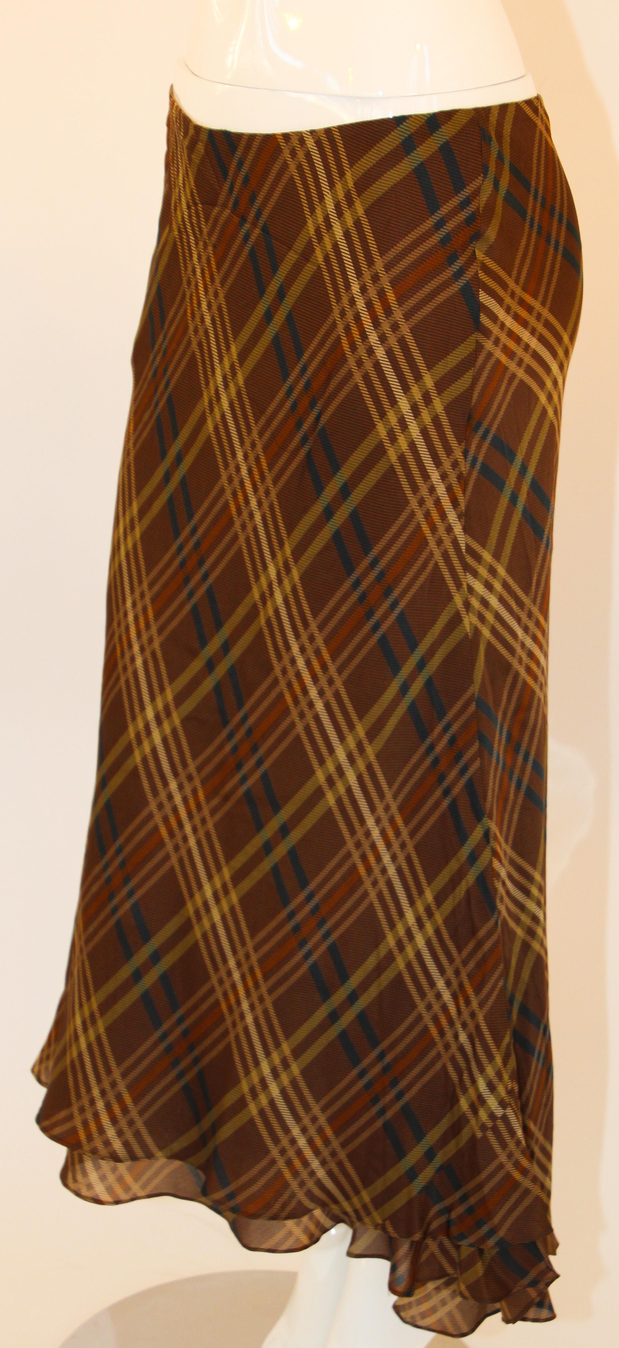 Ralph Lauren Silk Sleeveless Shirt and Maxi Skirt Set Brown Tartan 10