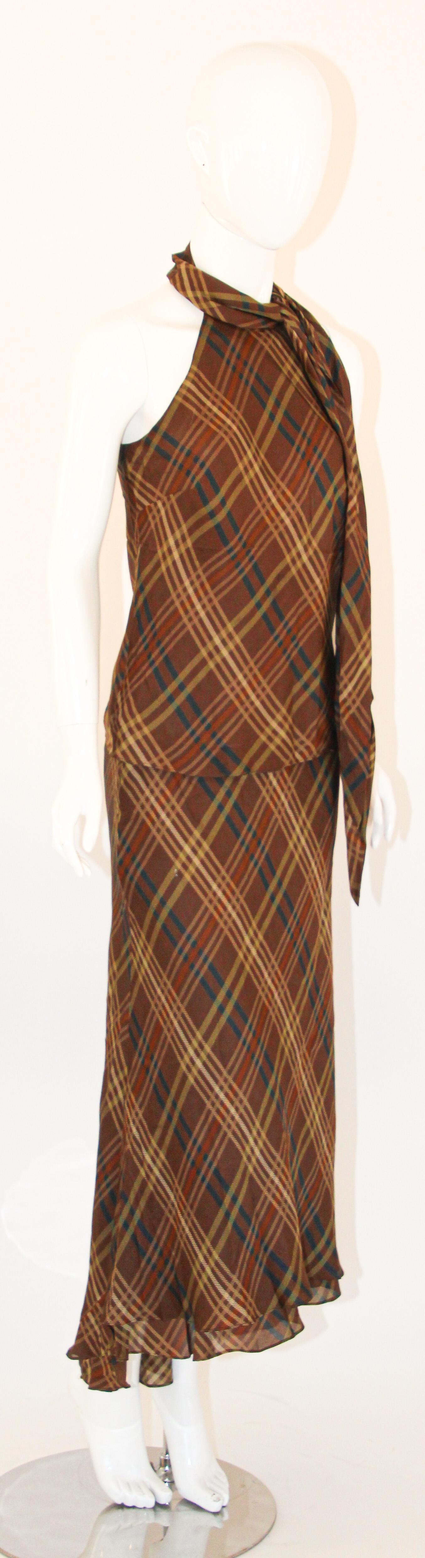 Ralph Lauren Silk Sleeveless Shirt and Maxi Skirt Set Brown Tartan 13