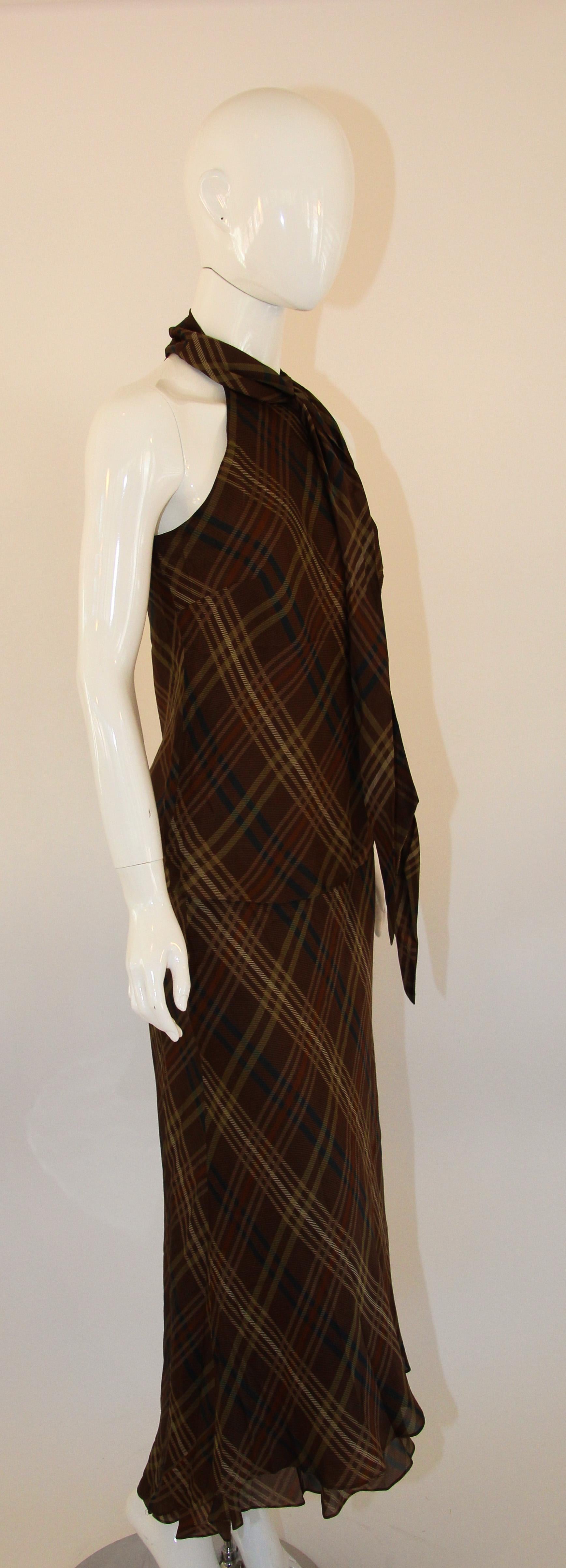 Ralph Lauren Silk Sleeveless Shirt and Maxi Skirt Set Brown Tartan 2