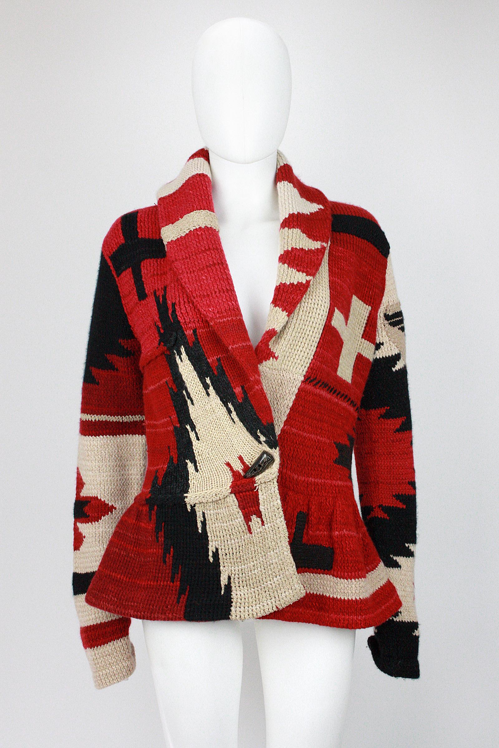 Ralph Lauren Collection
Knit cardigan with peplum
Shawl collar
Extra long sleeves 
Soft thick weave that stretches
Cashmere blend
Southwest pattern 
Stylized chunky wood button
New with tags