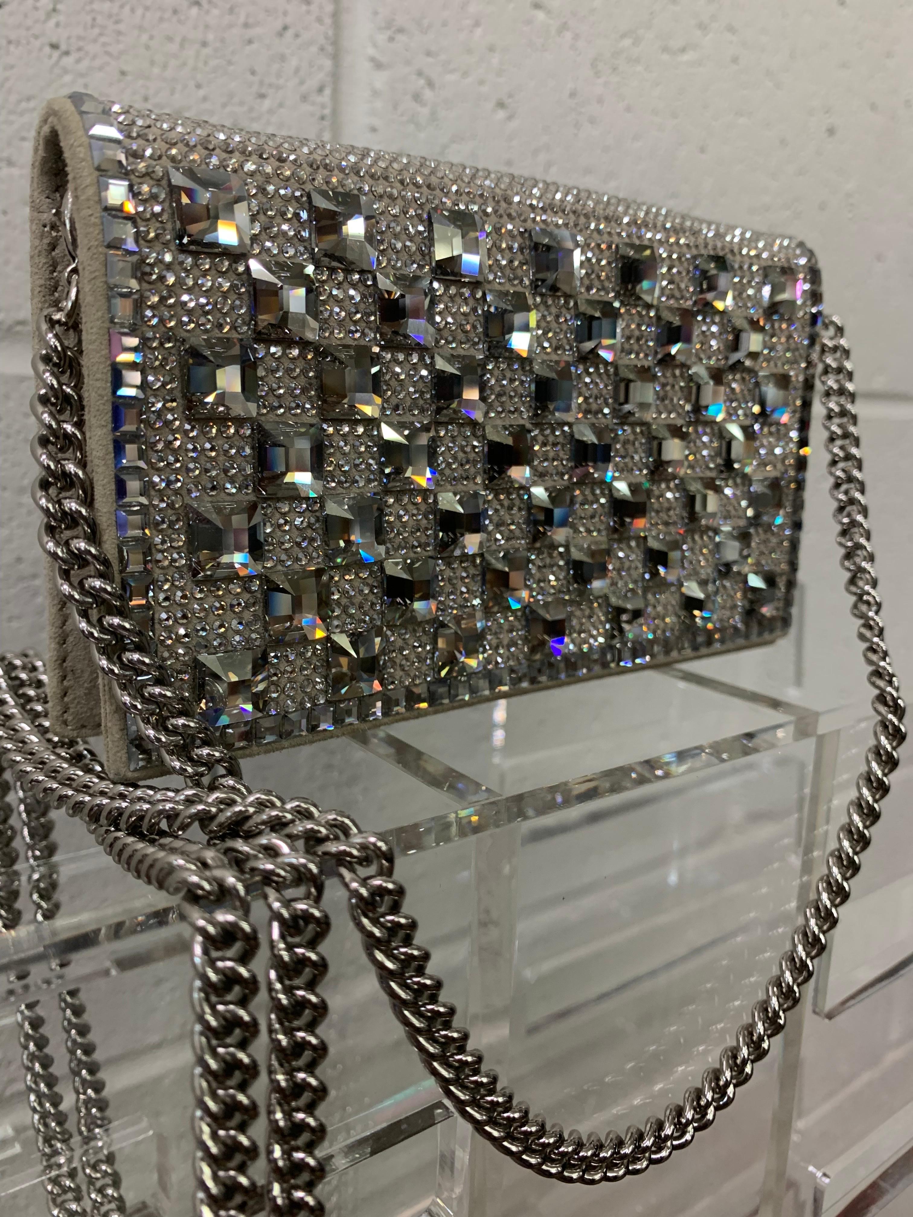 Ralph Lauren Spectacular Solid Crystal Disco Shoulder Bag w Chain Handle: Front flap closure on this stunner!  New, never worn. Original price marked $2500. Heavy silver chain handle can be worn as a crossbody bag or shoulder bag. Chain can be