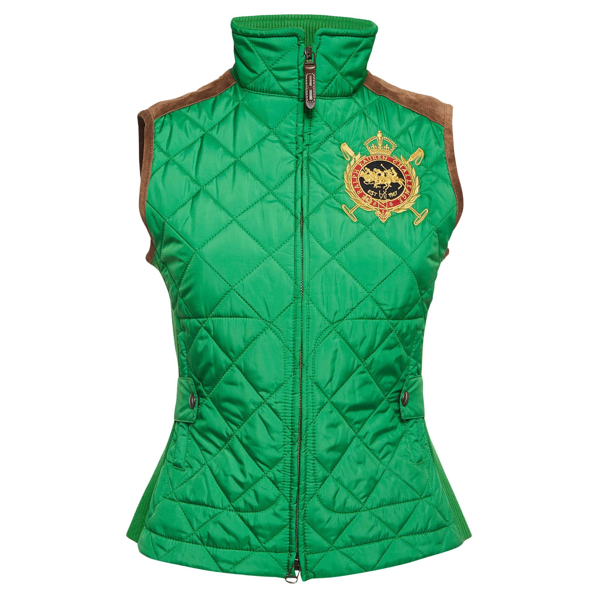 Ralph Lauren Sport Green Embroidered Suede Trim Synthetic Quilted Vest S For Sale