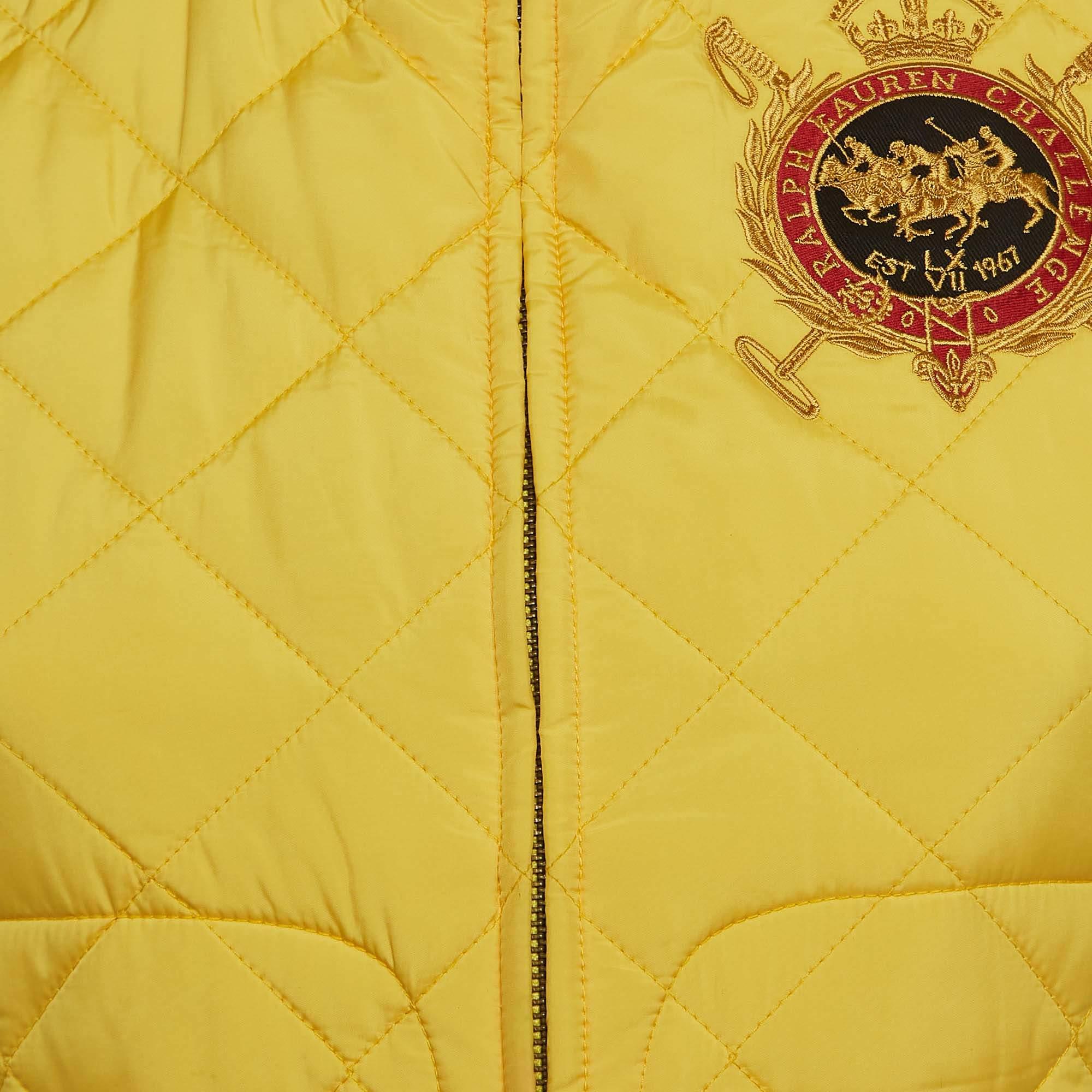 Ralph Lauren Sport Yellow Embroidered Suede Trim Synthetic Quilted Vest S In Excellent Condition For Sale In Dubai, Al Qouz 2