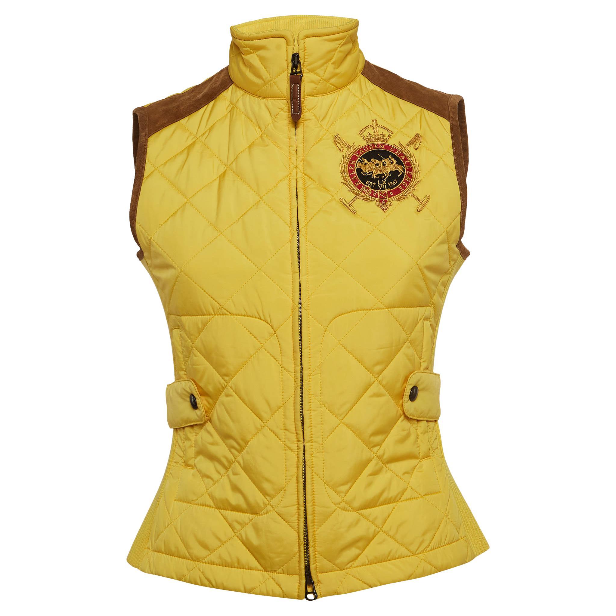 Ralph Lauren Sport Yellow Embroidered Suede Trim Synthetic Quilted Vest S For Sale
