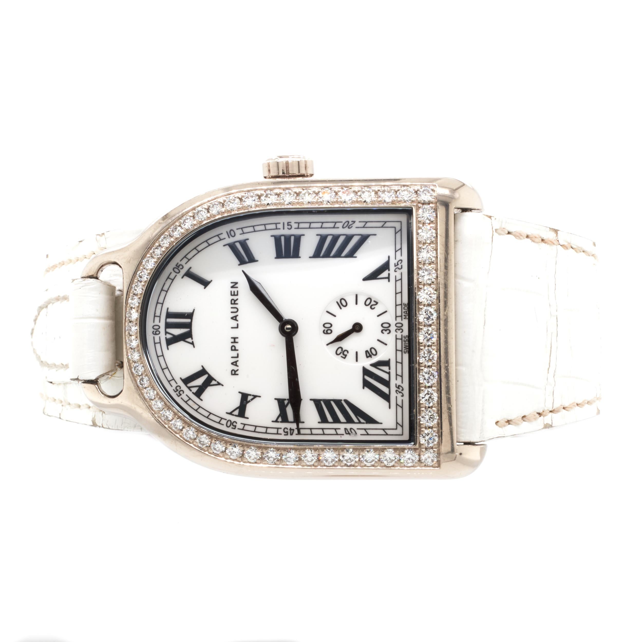 Movement: manual winding Jaeger-LeCoultre movement
Function: hours, minutes, sub-seconds dial
Case: 34.3mm x 32.4mm steel case, sapphire crystal, screw-down crown, diamond bezel 
Band: white leather strap with Ralph Lauren deployment clasp
Dial: