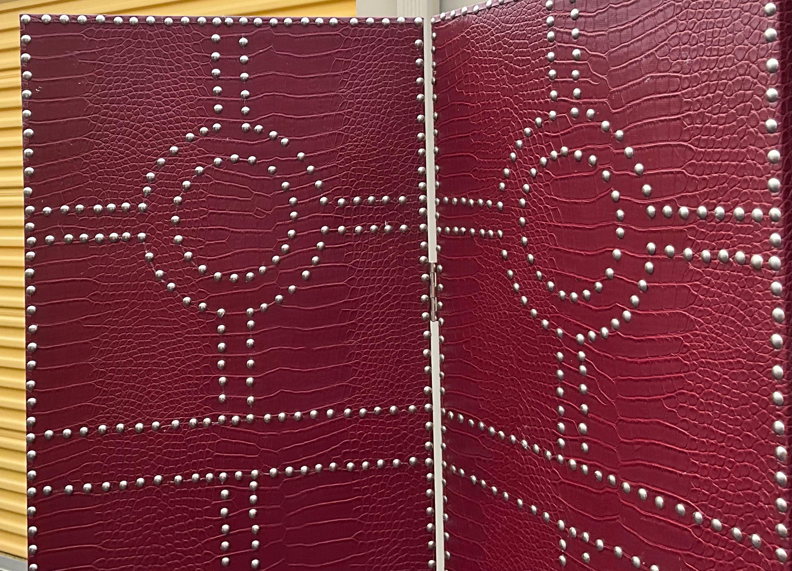 American Classical Ralph Lauren Style 3 Panel Leather Faux Crocodile Folding Screen W/ Nailheads 