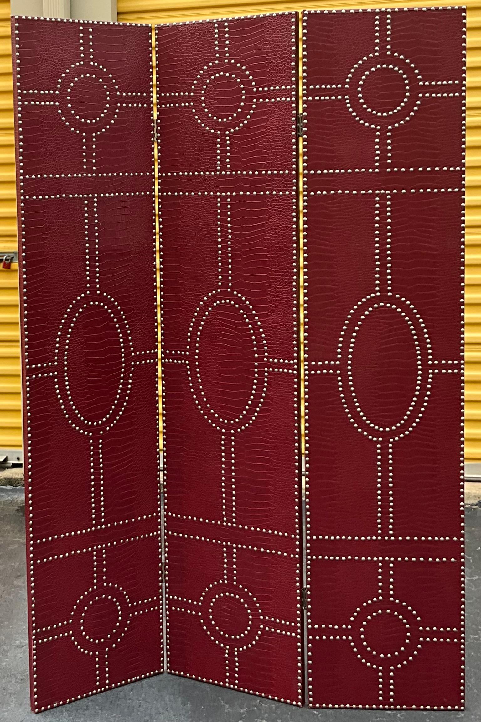 20th Century Ralph Lauren Style 3 Panel Leather Faux Crocodile Folding Screen W/ Nailheads 