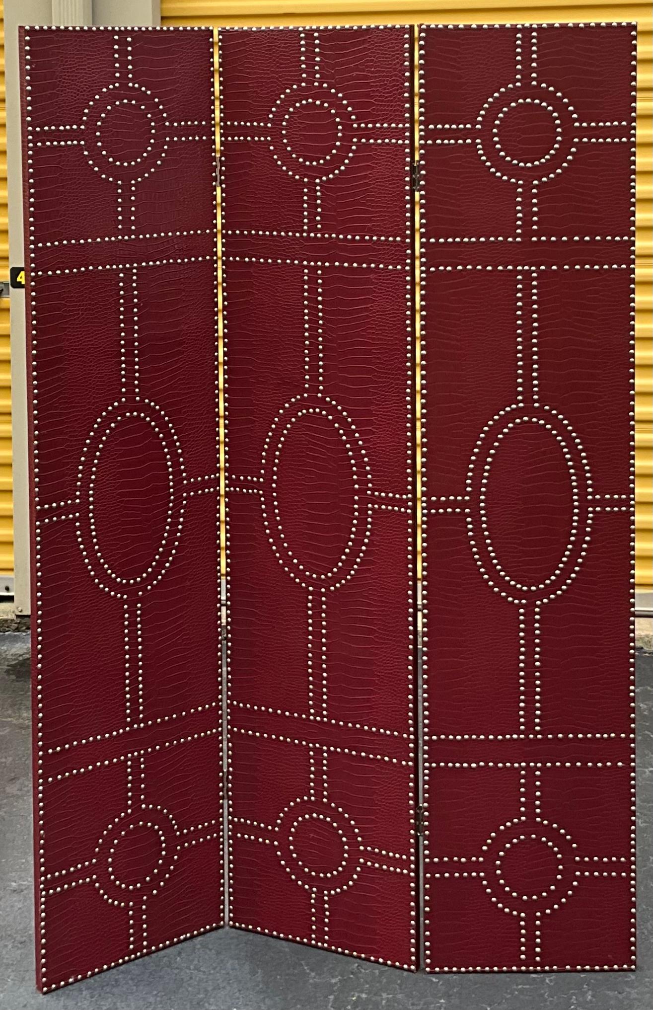 Ralph Lauren Style 3 Panel Leather Faux Crocodile Folding Screen W/ Nailheads  1