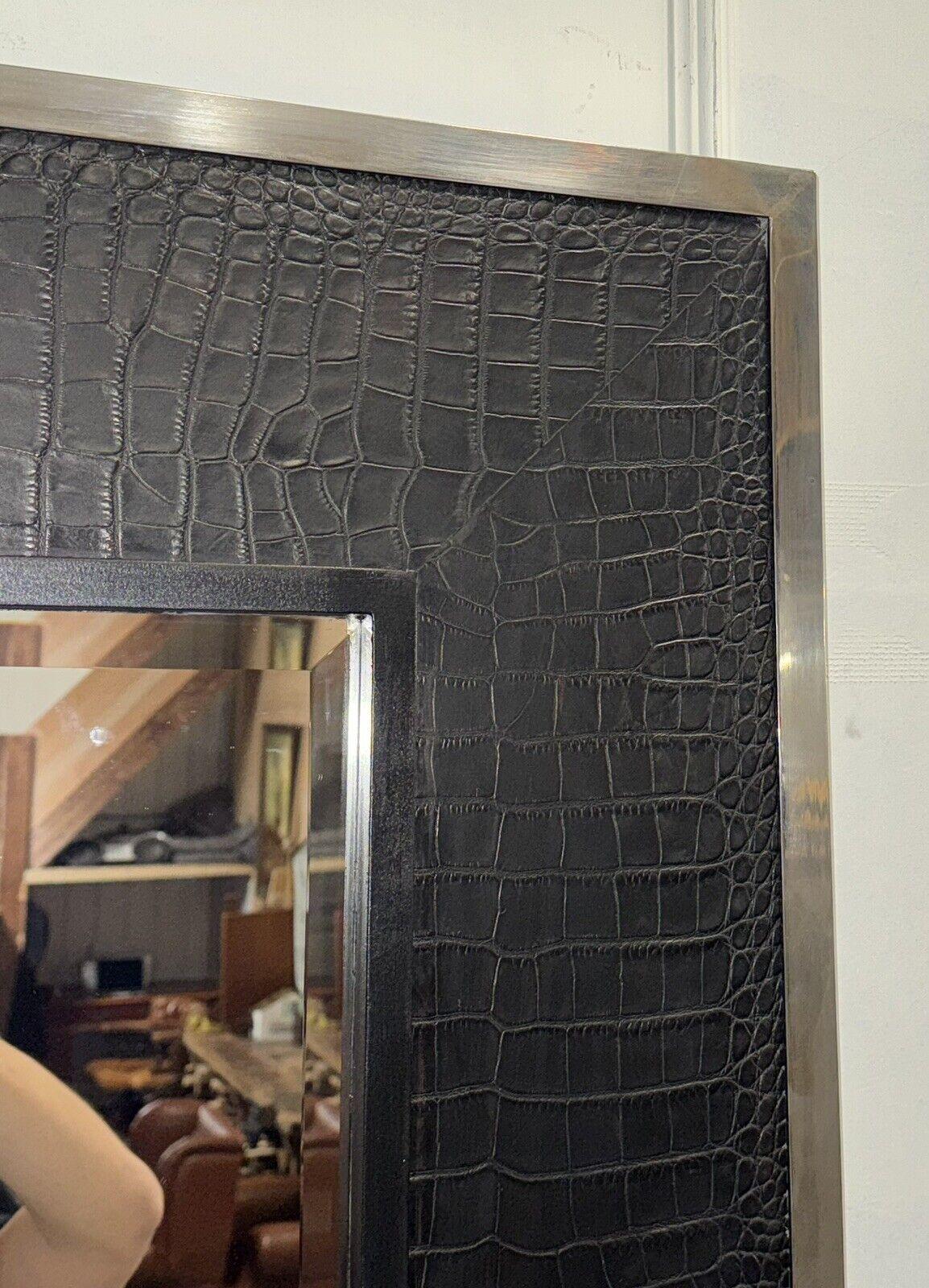 RALPH LAUREN STYLE BLACK FAUX CROCODiLE LEATHER CHROME WALL MIRROR 3
