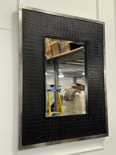 RALPH LAUREN STYLE BLACK FAUX CROCODiLE LEATHER CHROME WALL MIRROR