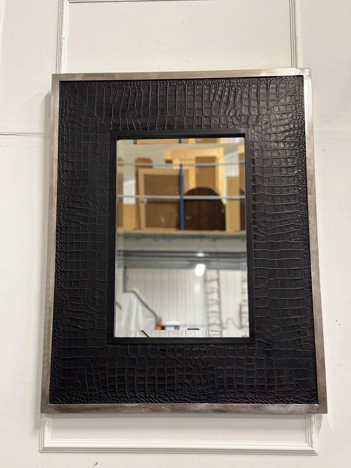 British RALPH LAUREN STYLE BLACK FAUX CROCODiLE LEATHER CHROME WALL MIRROR