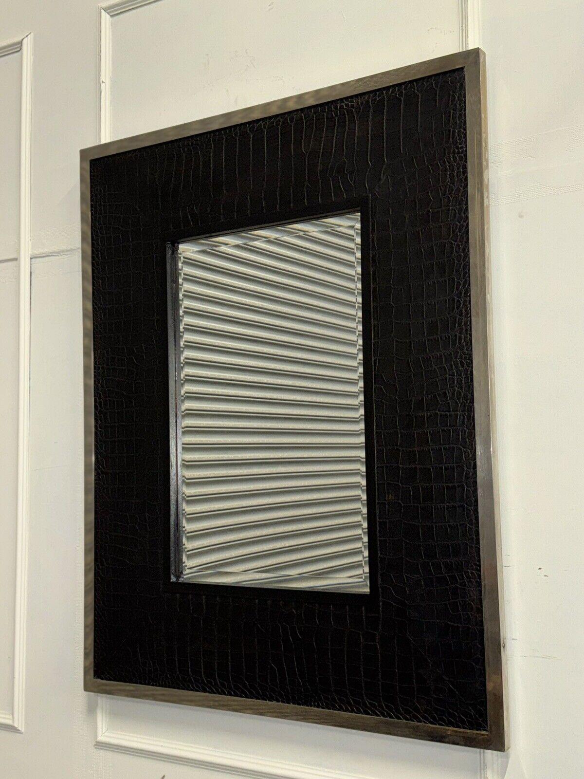 RALPH LAUREN STYLE BLACK FAUX CROCODiLE LEATHER CHROME WALL MIRROR In Good Condition In Pulborough, GB