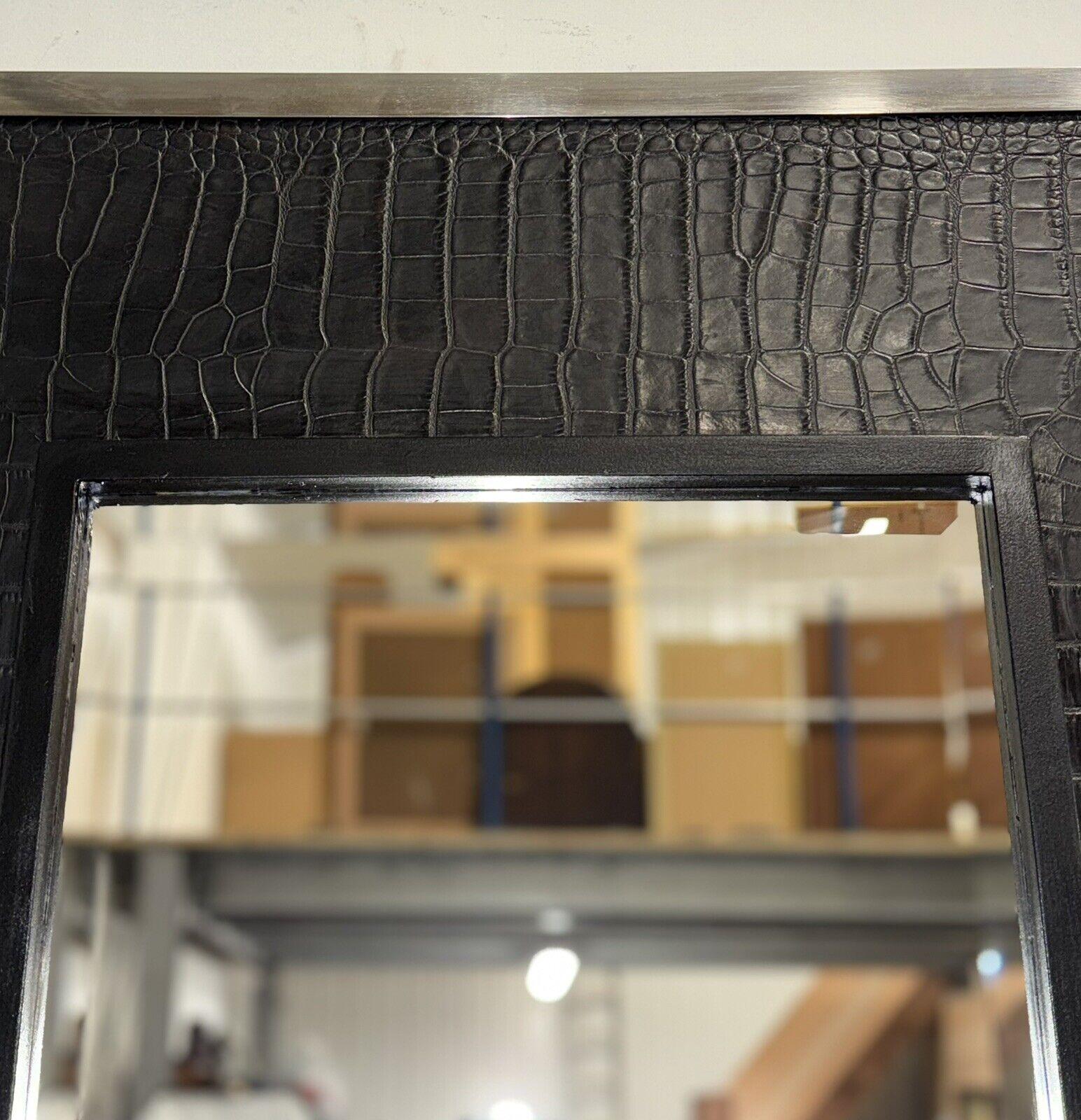 Chrome RALPH LAUREN STYLE BLACK FAUX CROCODiLE LEATHER CHROME WALL MIRROR