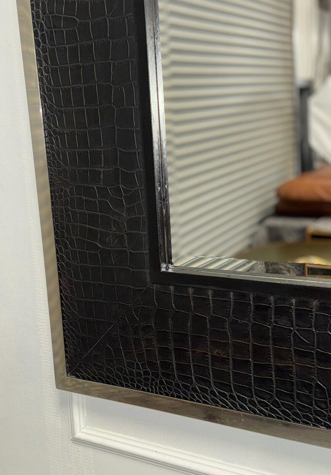 RALPH LAUREN STYLE BLACK FAUX CROCODiLE LEATHER CHROME WALL MIRROR 1