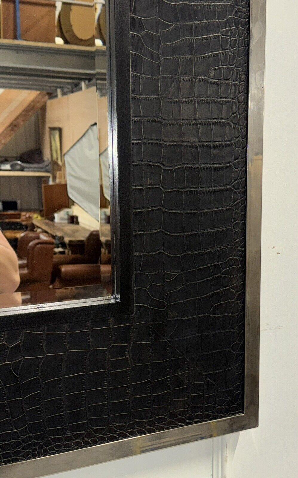 RALPH LAUREN STYLE BLACK FAUX CROCODiLE LEATHER CHROME WALL MIRROR 2