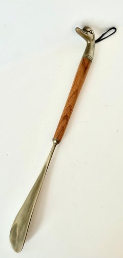 Ralph Lauren Style Brass Shoe Horn, Wooden Handle, and Duck Motif Leather & Tab