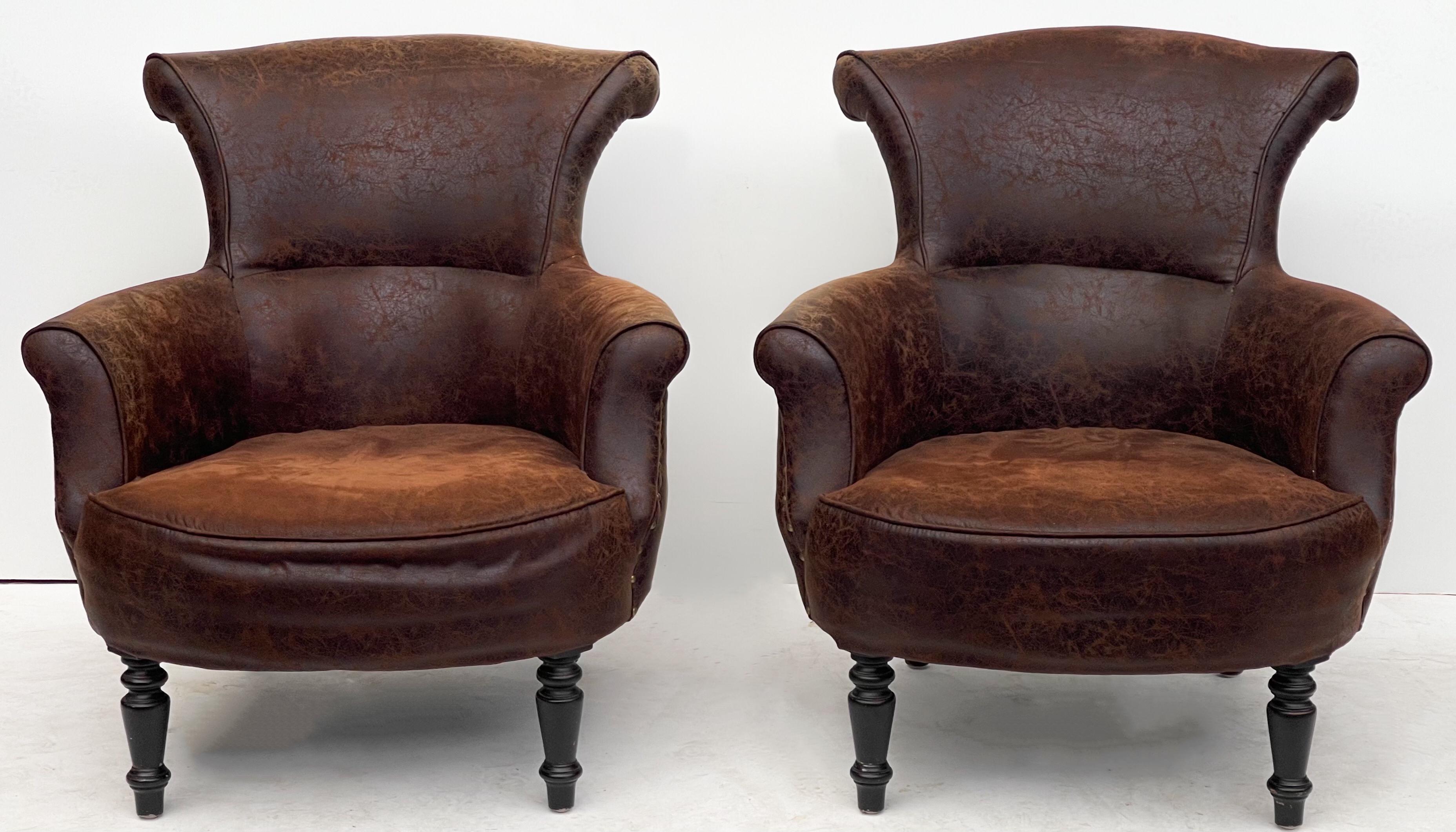 American Classical Ralph Lauren Style Distressed Leather Club Chairs, Pair