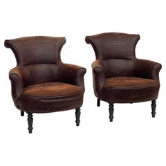 Ralph Lauren Style Distressed Leather Club Chairs, Pair