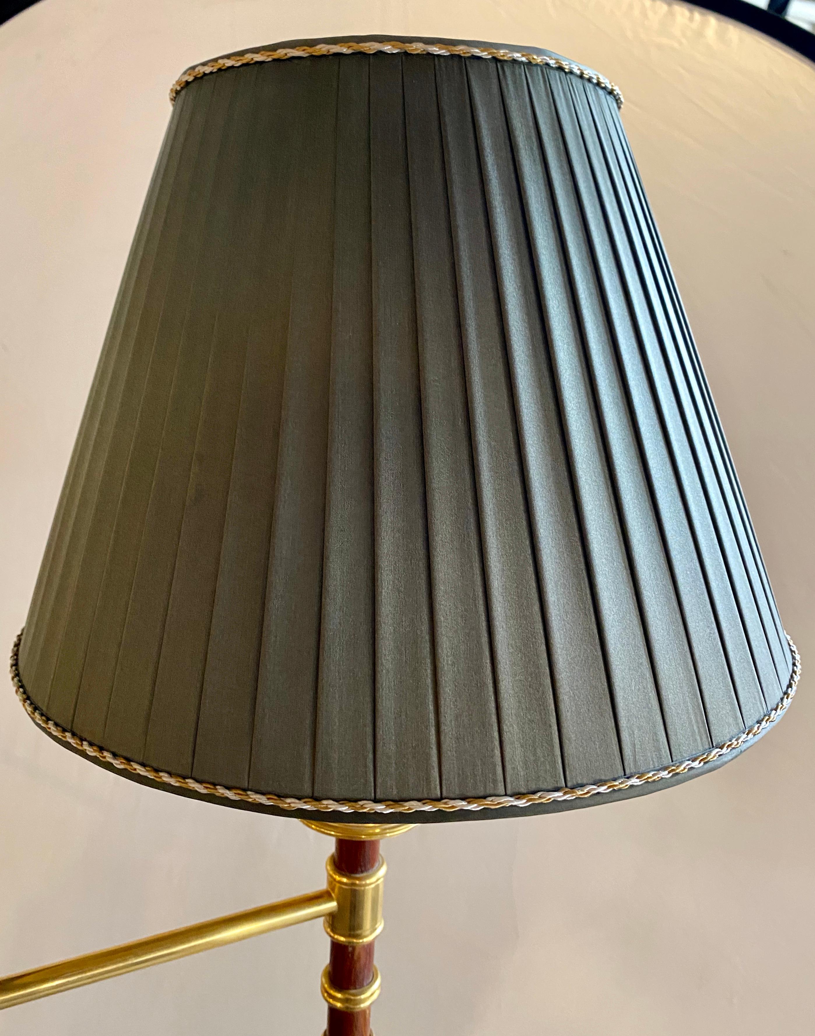 Decorator Floor or Standing Lamp, Leather Pole with Brass Custom Shade In Good Condition In Stamford, CT