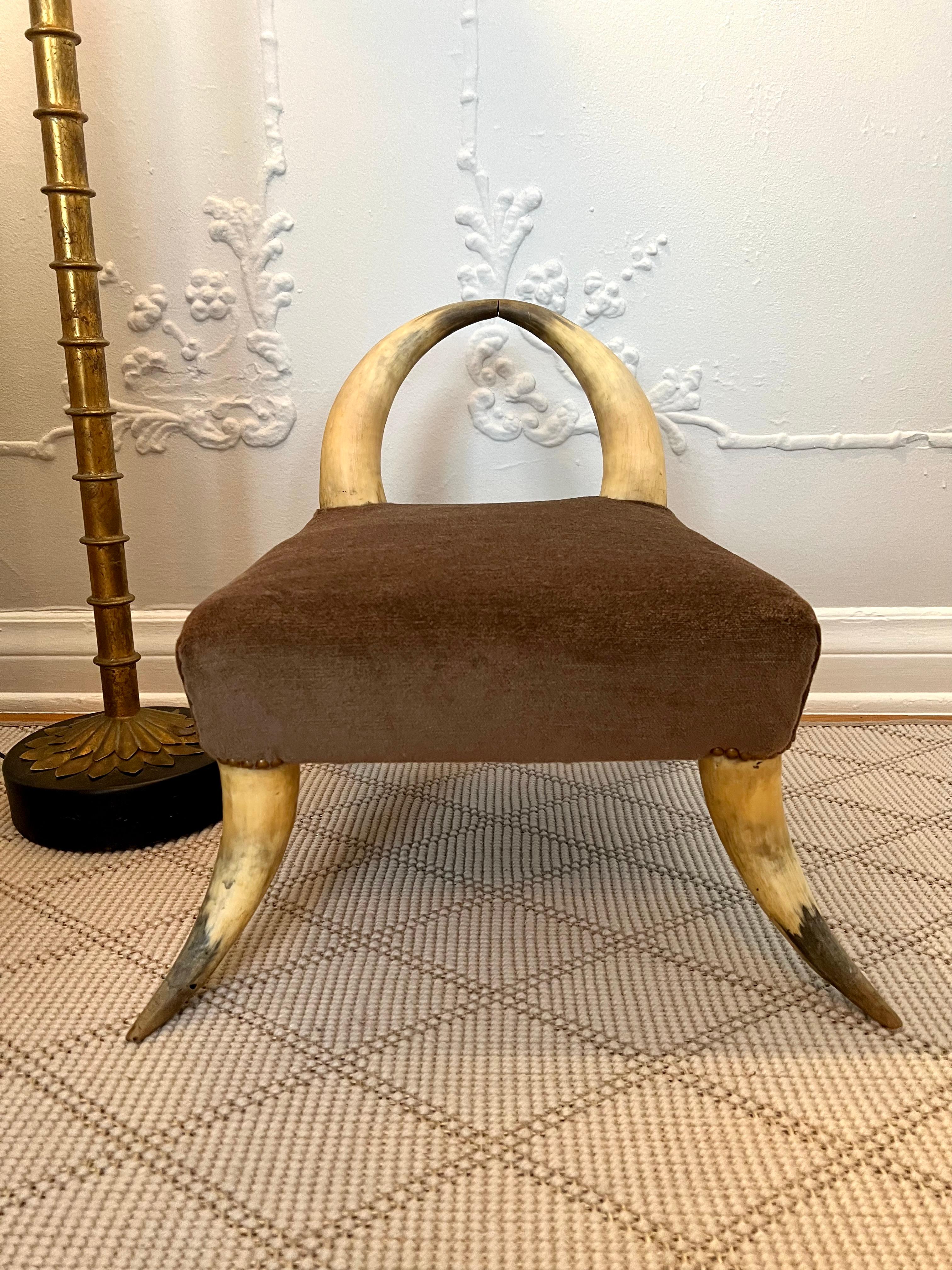 Patinated Ralph Lauren Style Horn Bench in Mohair with Bronze Nail Details
